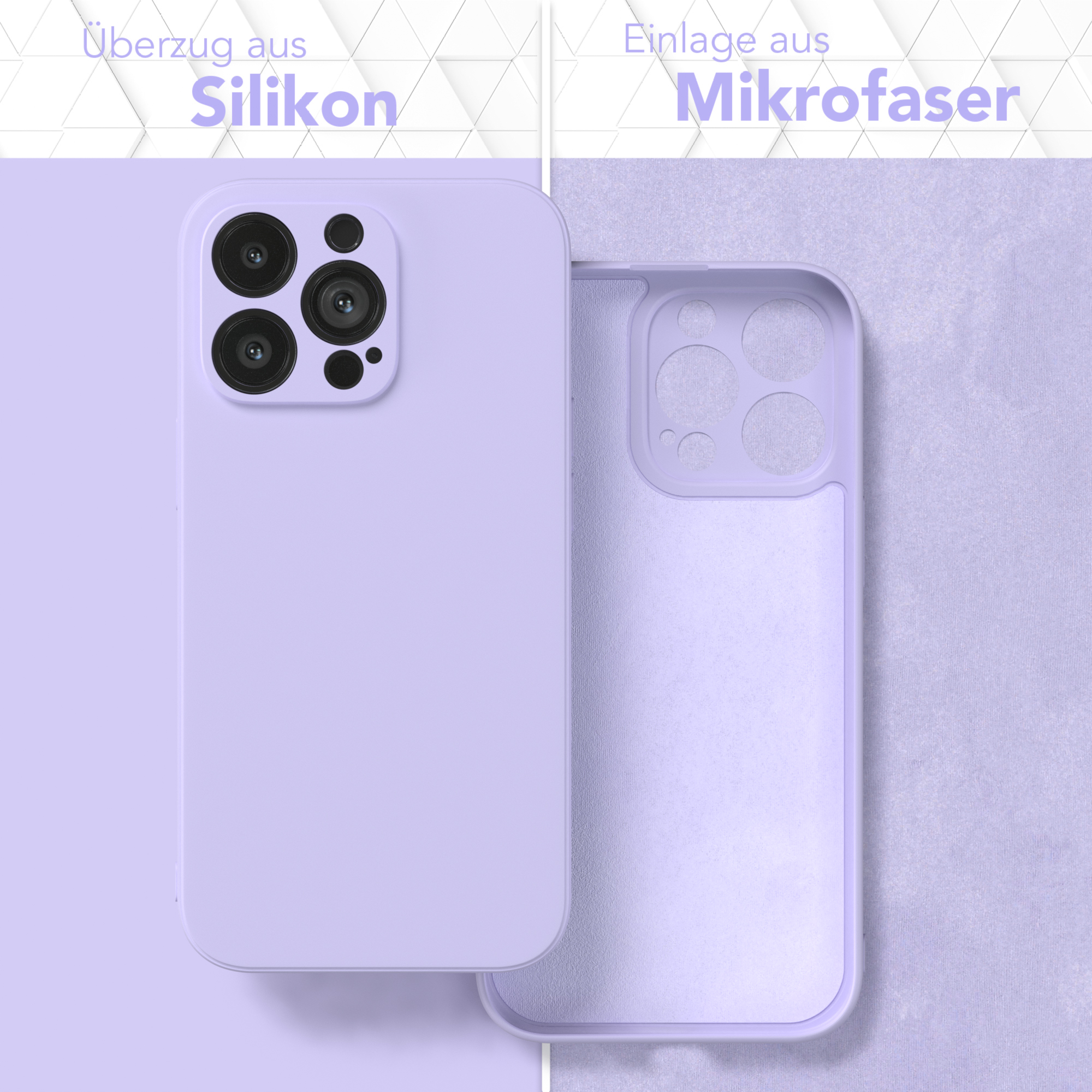Lila Handyhülle und Innenteil. Der Text lautet 'Silikon' und 'Mikrofaser'.