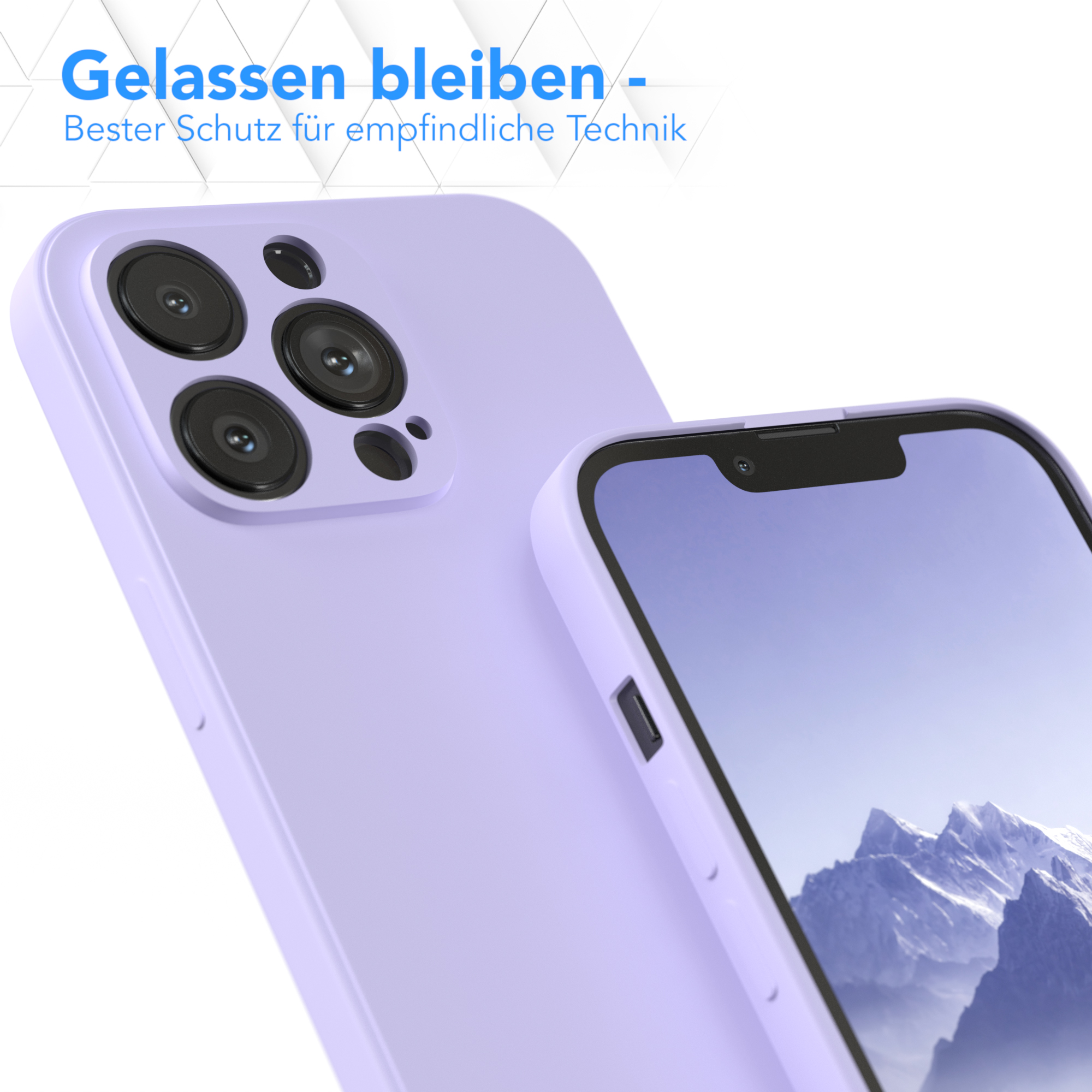 Lila Handyhülle mit Kamera. Die Handyhülle liegt auf einer weiteren lilafarbenen Hülle. Text: Entspannt bleiben, bester Schutz.