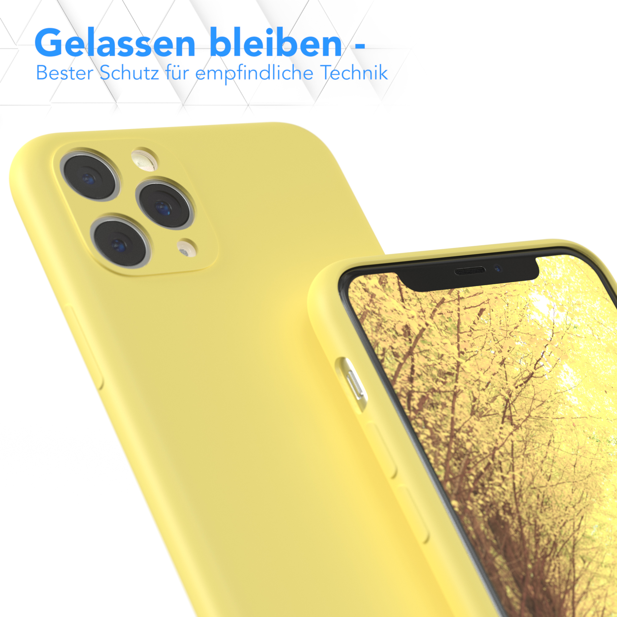Eine Handyhülle auf einem Telefon. Die Handyhülle ist gelb. Der Hintergrund ist weiß.