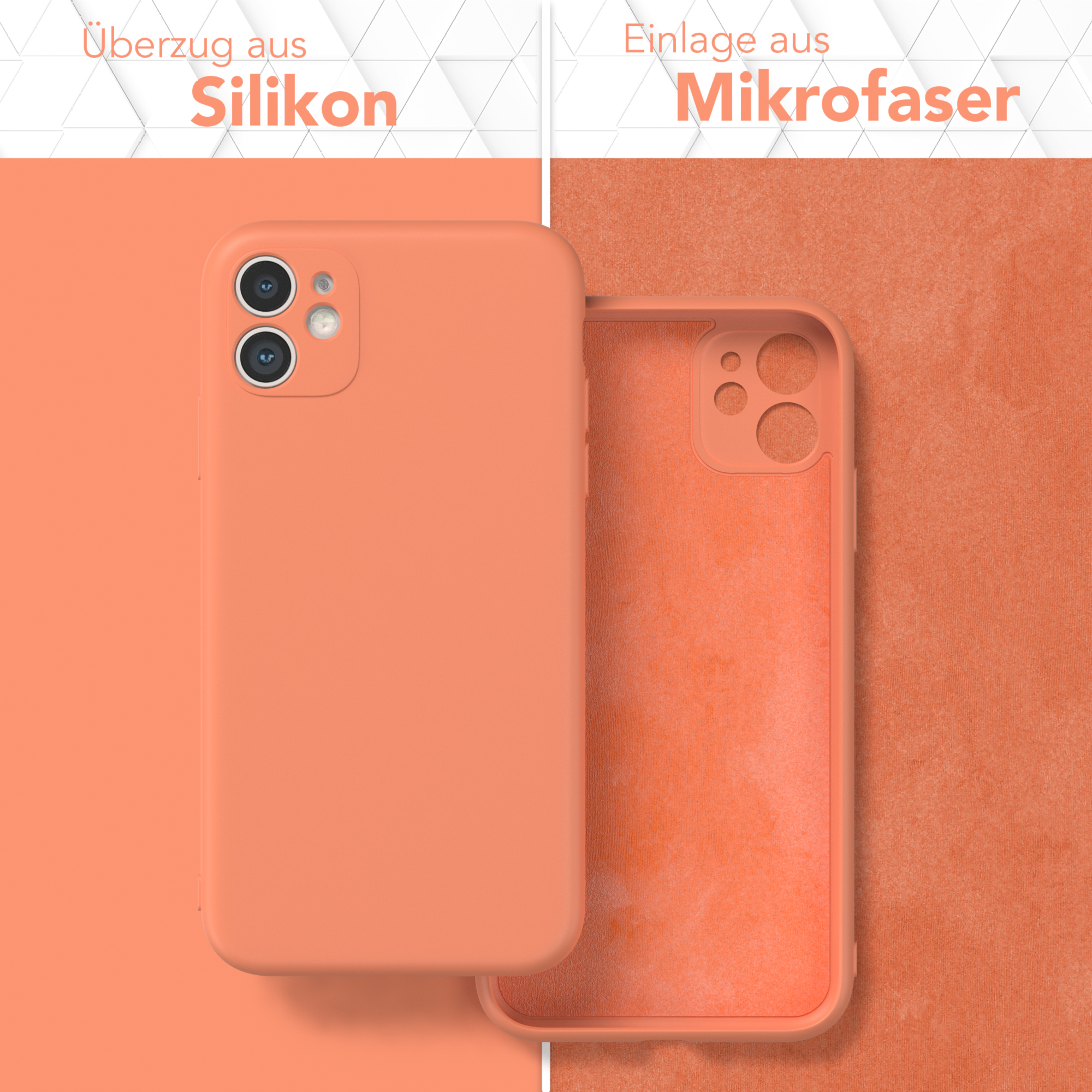 Zwei Handyhüllen: eine orangefarbene, geschlossene; die andere, geöffnet, mit Mikrofaserfutter.