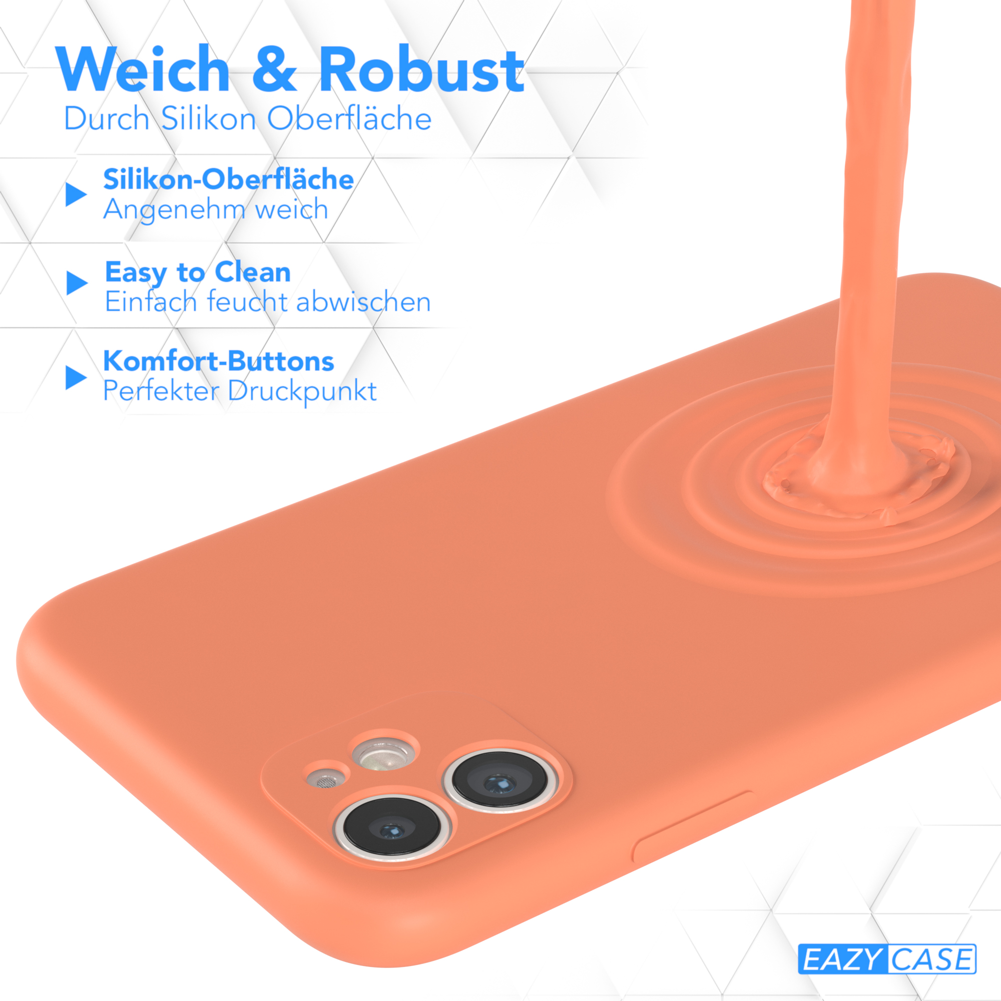 Orangene Handyhülle mit Telefon, Flüssigkeit fließt auf die Hülle, Text an der Seite.
