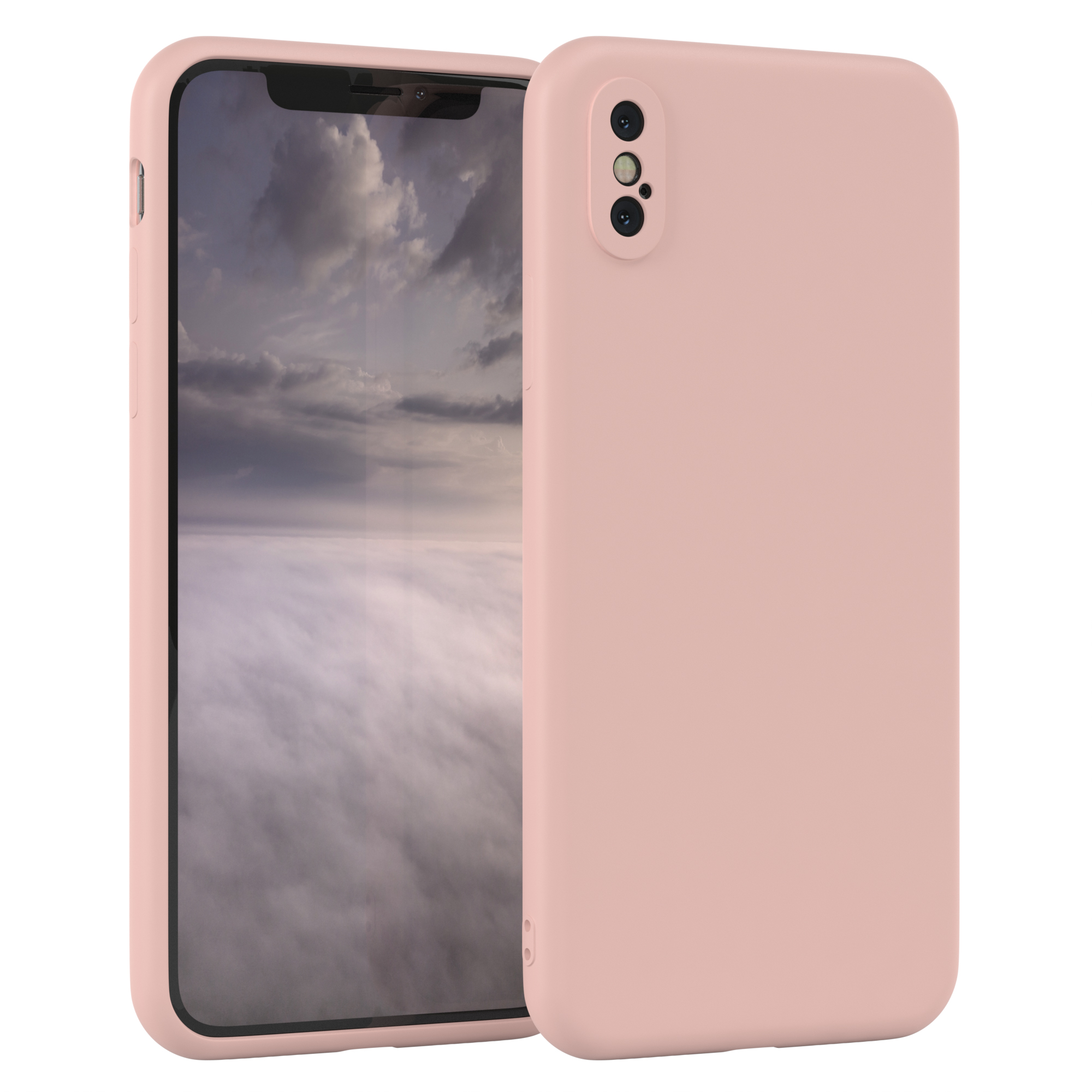 Rosa Telefon mit rosa Hülle, wolkengefüllter Hintergrund. Isoliert auf Weiß.