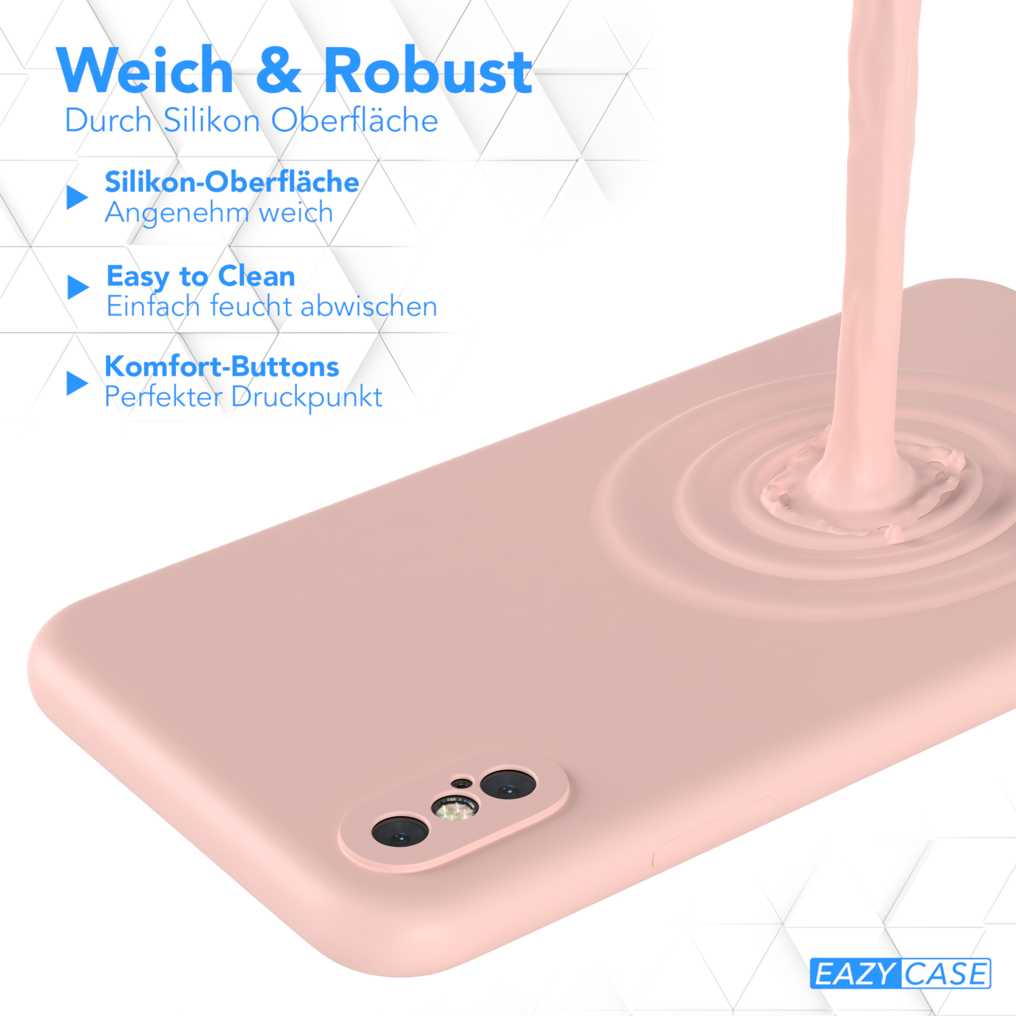 Rosa Handyhülle, Flüssigkeit gießt, Text: Weich & Robust, Easy to Clean, Komfort-Tasten, auf rosa Hintergrund.