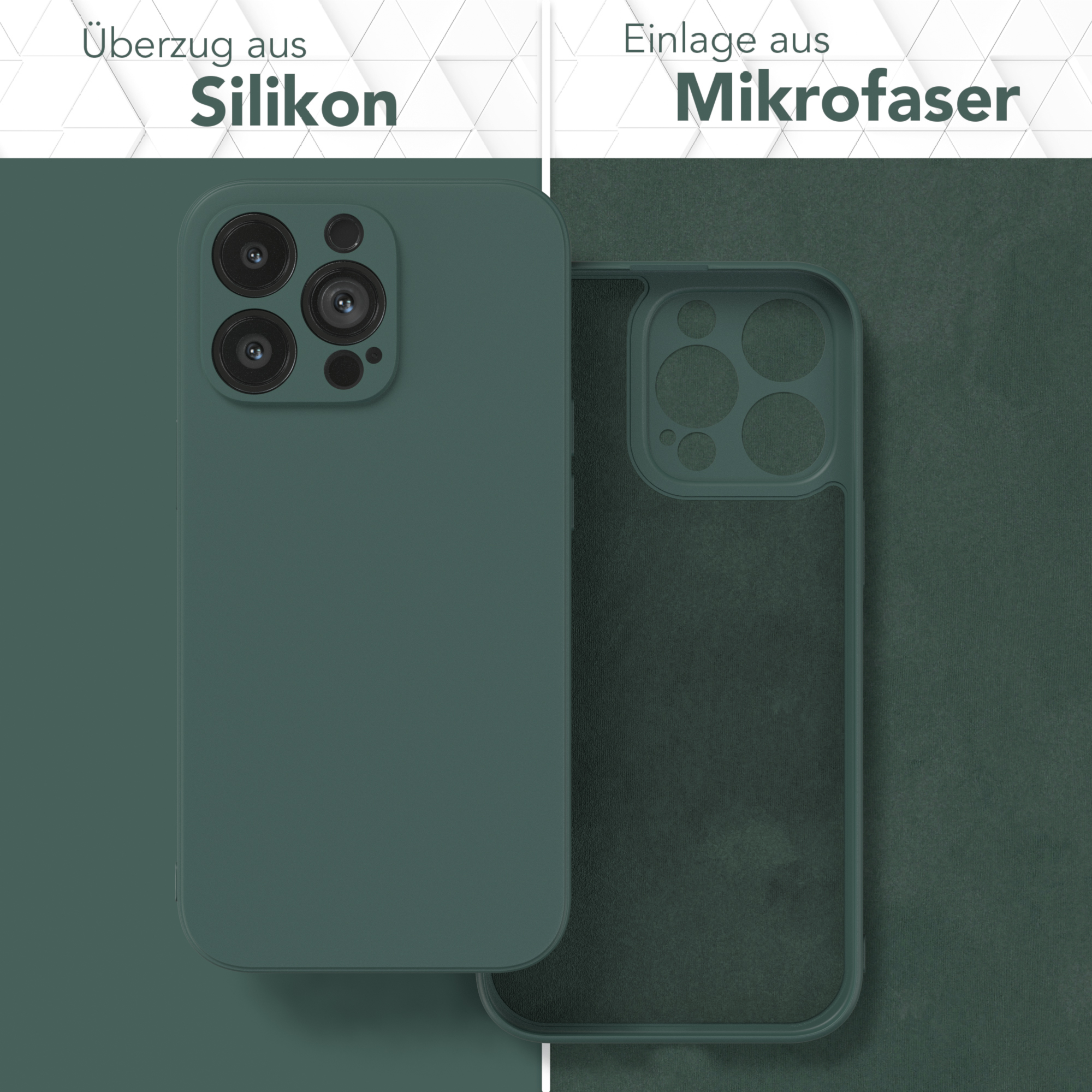Handyhülle in zwei Teilen: Silikonhülle und Mikrofaser-Einsatz. Grüne Hülle mit schwarzen Kameralinsen.