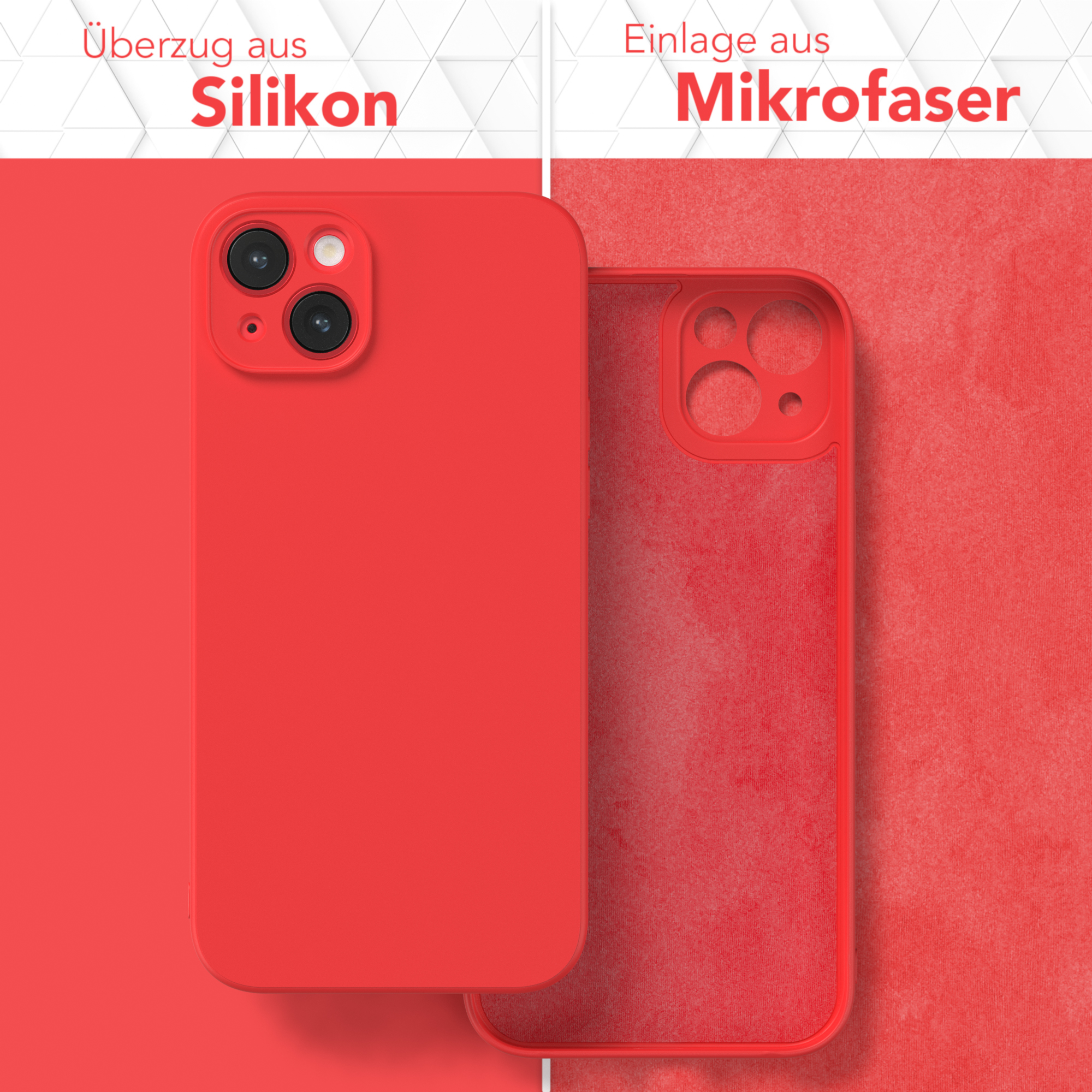 Rote Handyhülle und Mikrofaser-Einsatz. Text auf Deutsch: Silikon-Überzug, Mikrofaser-Einlage.