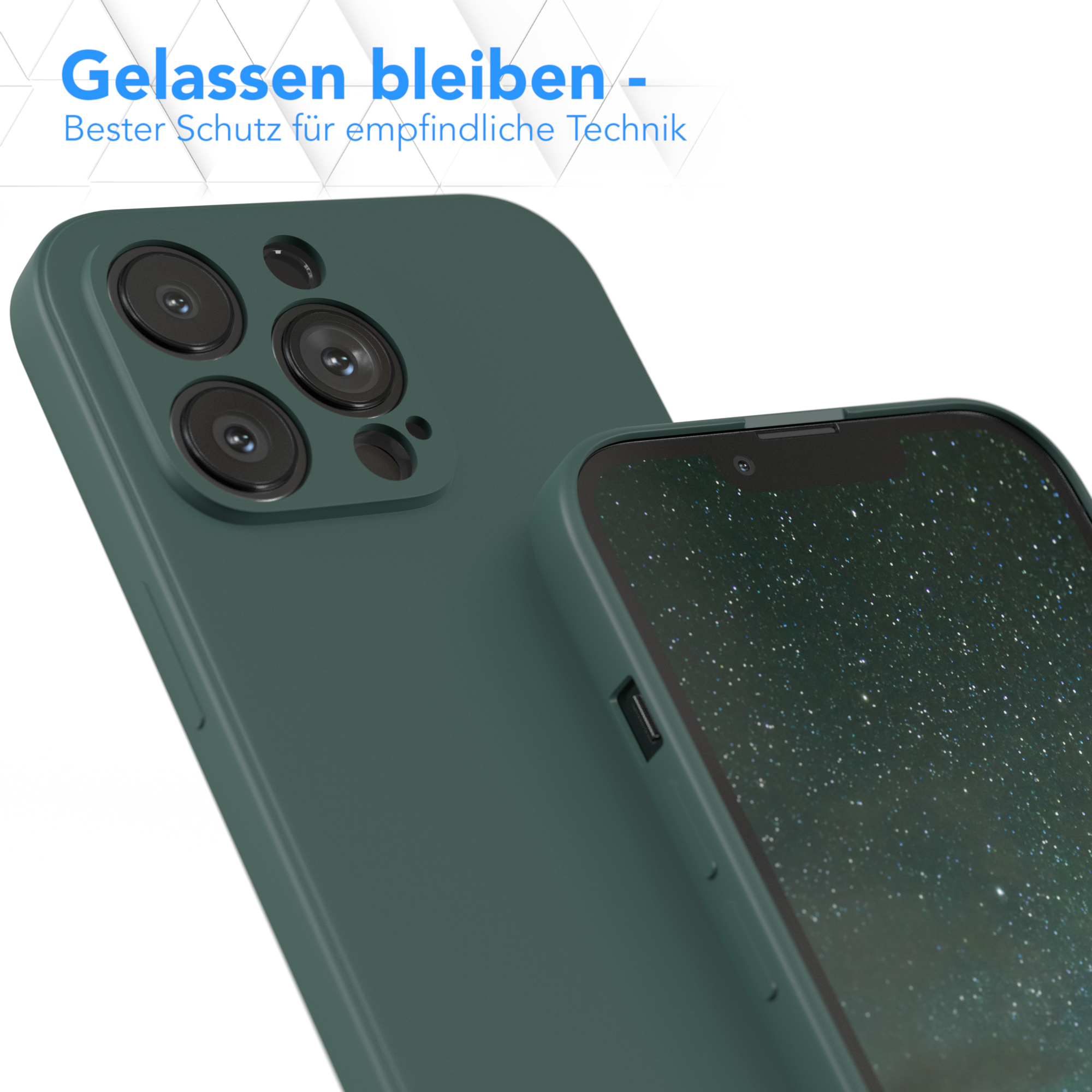 Eine Handyhülle bedeckt ein Handy. Die Handyhülle ist dunkelgrün. Die Hülle bedeckt die Rückseite des Handys.