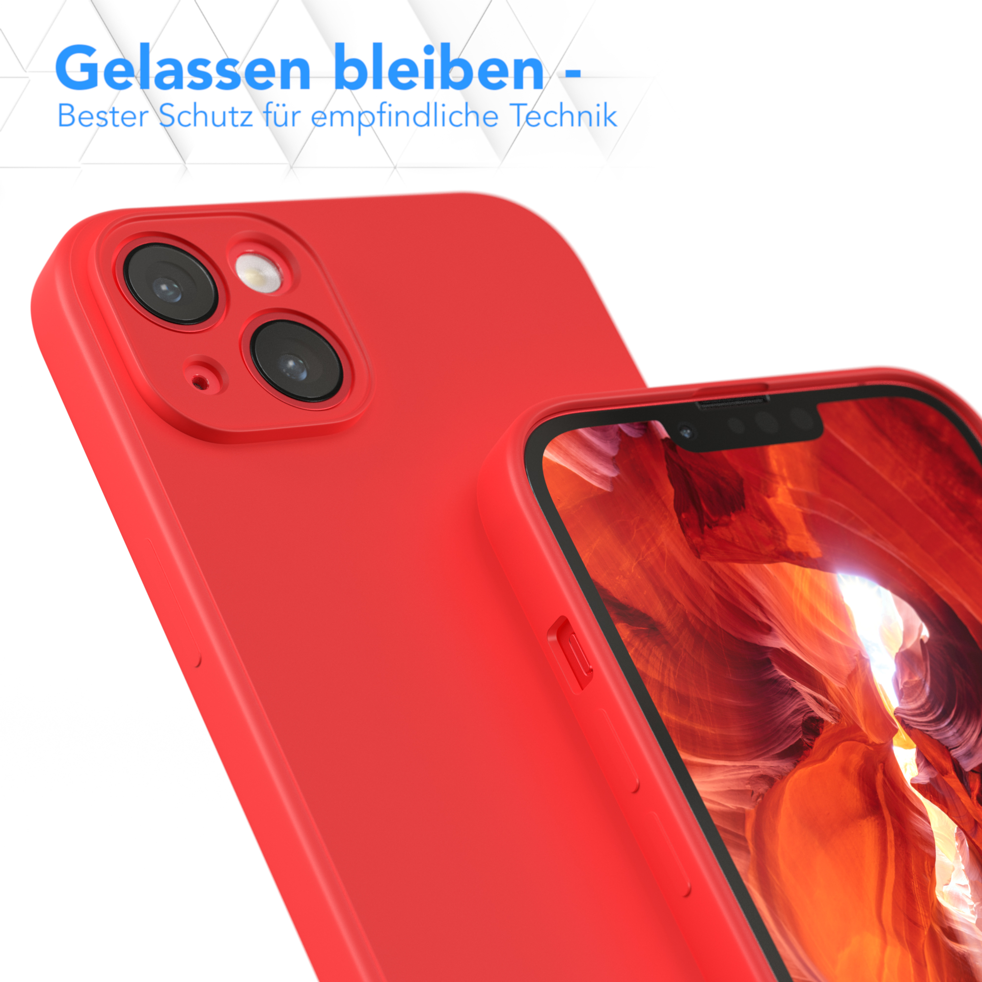 Zwei rote Handyhüllen, eine im Fokus, die andere unscharf, vor weißem Hintergrund.