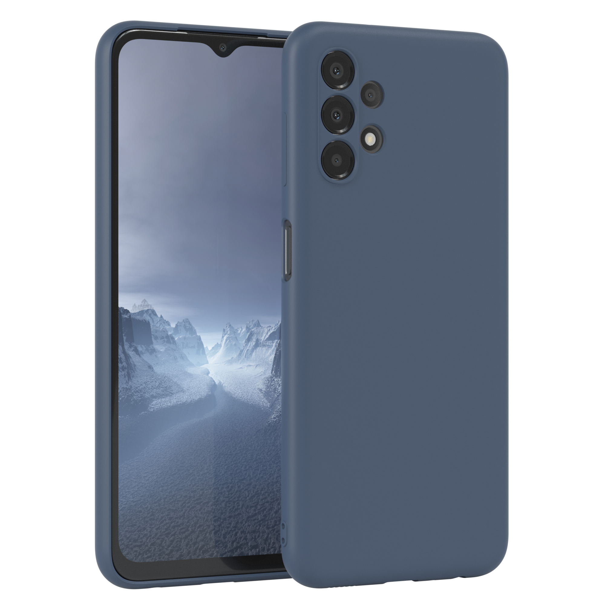 Blaues Telefon mit Hülle, vor weißem Hintergrund positioniert.