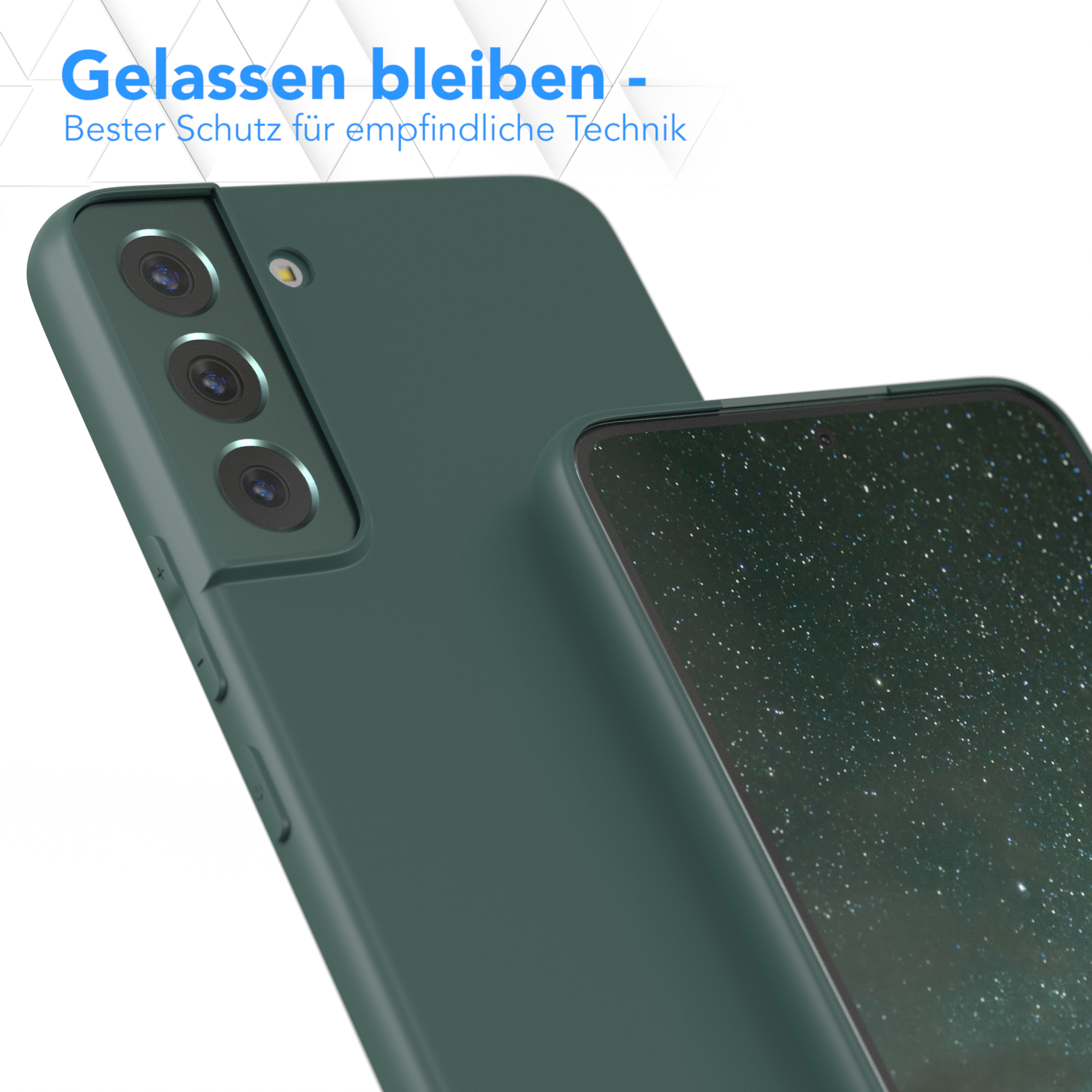 Eine dunkelgrüne Handyhülle mit Telefon, Text oben. Der Hintergrund ist unscharf.