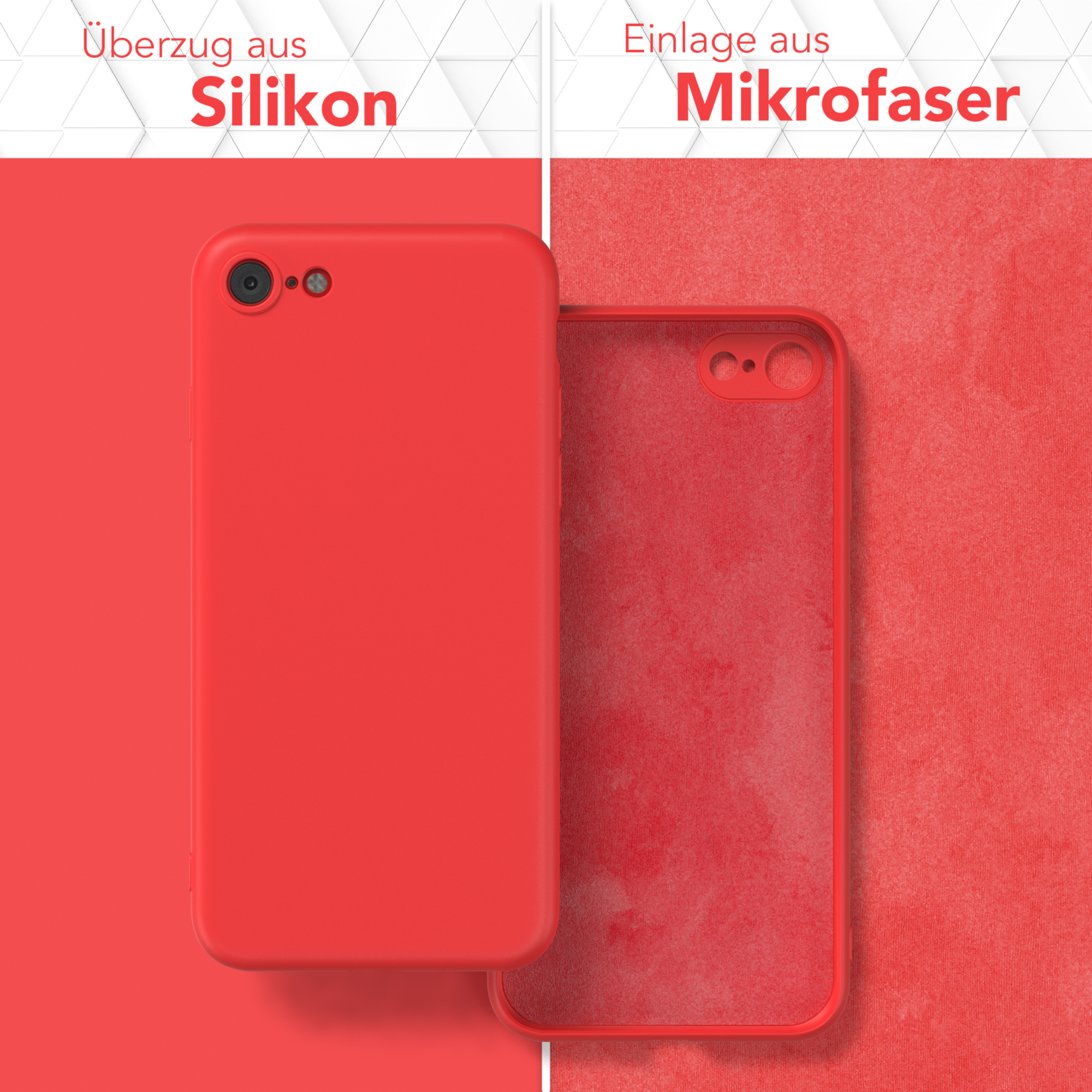 Zwei Handyhüllen, rot. Eine geschlossen, eine offen. Text: 'Überzug aus Silikon' und 'Einlage aus Mikrofaser'.