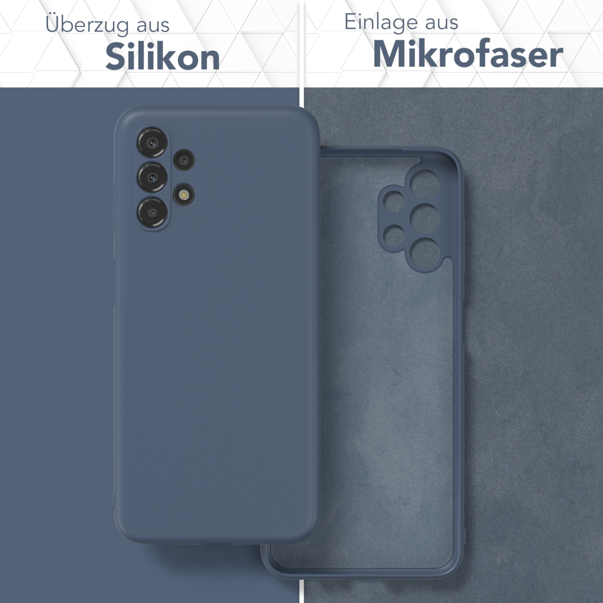 Telefonhülle, blaue Silikonhülle und Mikrofaser-Einsatz, mit deutschem Text: "Silikon" und "Mikrofaser."