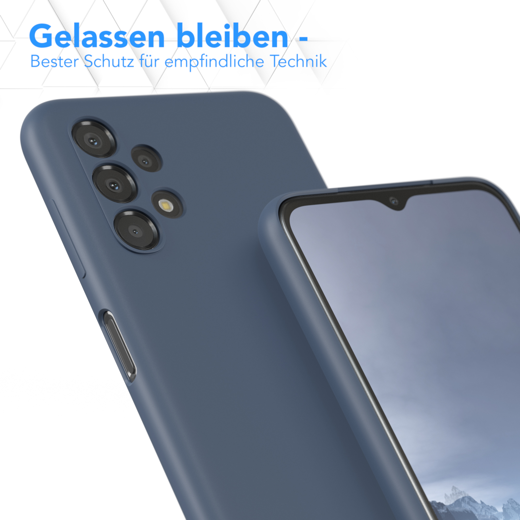 Blaue Handyhülle mit Telefon, Text: Gelassen bleiben- Bester Schutz für empfindliche Technik.