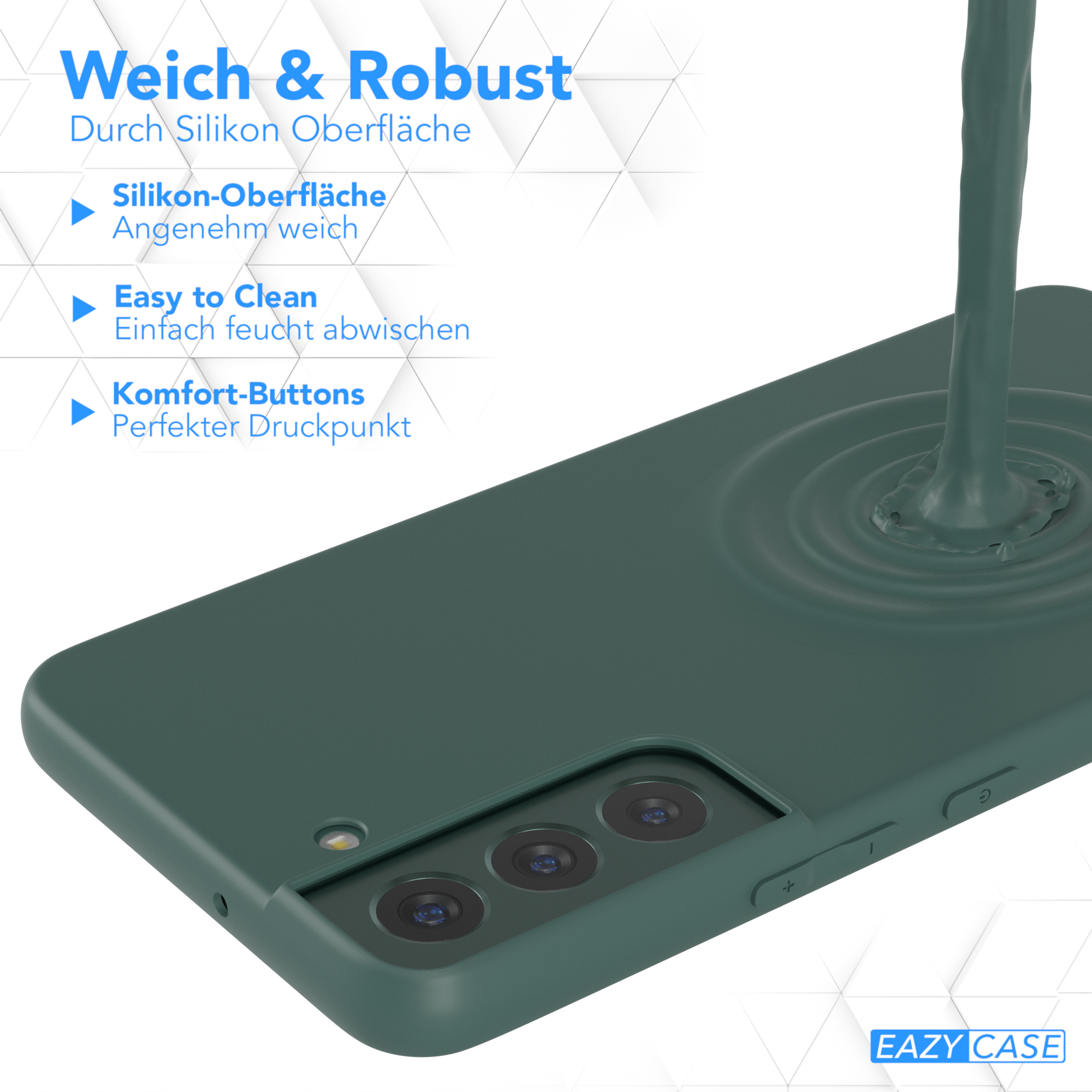 Grüne Handyhülle mit grünem Flüssigkeitsguss. Text: Weich & Robust, Easy to Clean, Komfort-Tasten.