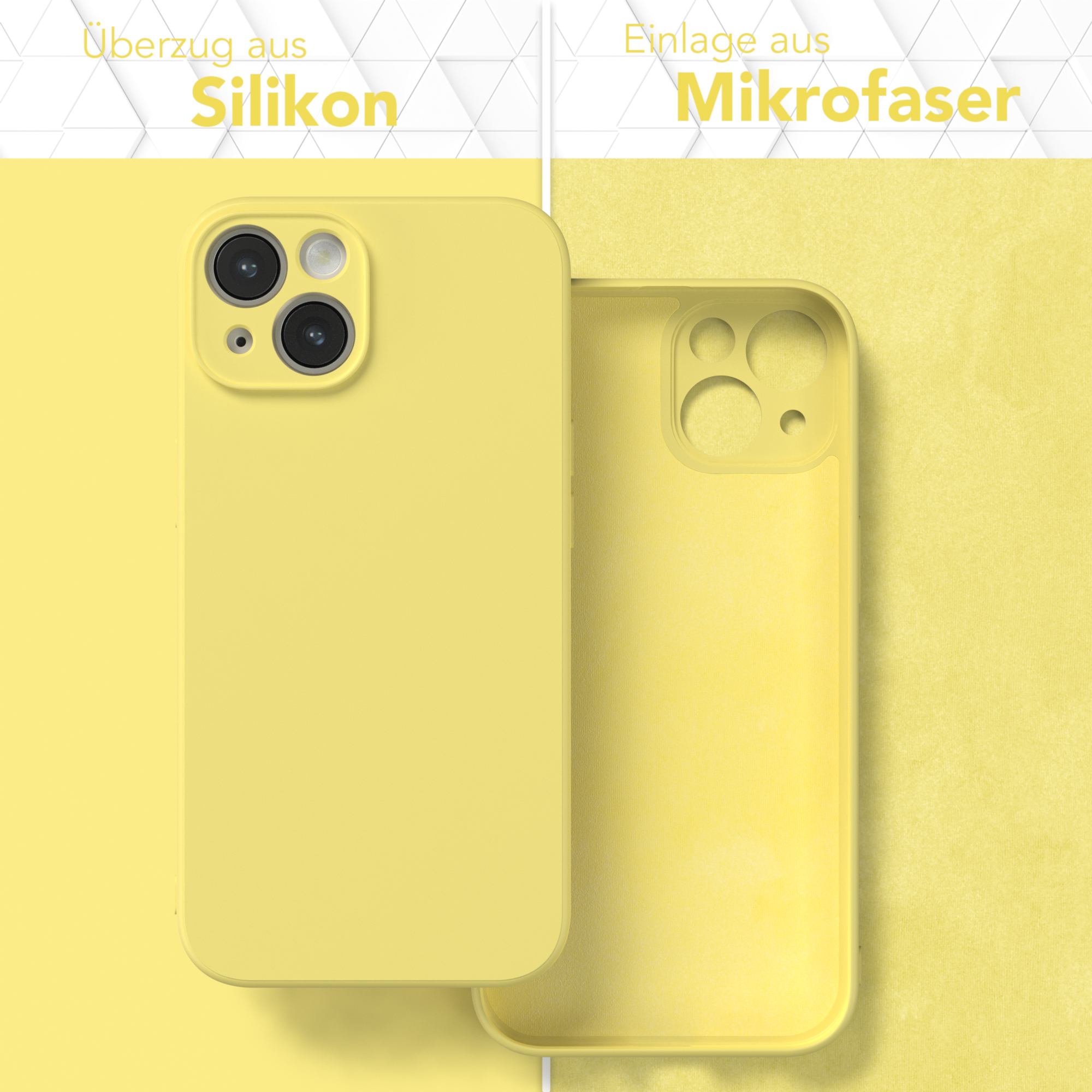 Eine gelbe Handyhülle wird gezeigt. Sie hat eine Silikonaußenseite und eine Mikrofaserinnenseite.