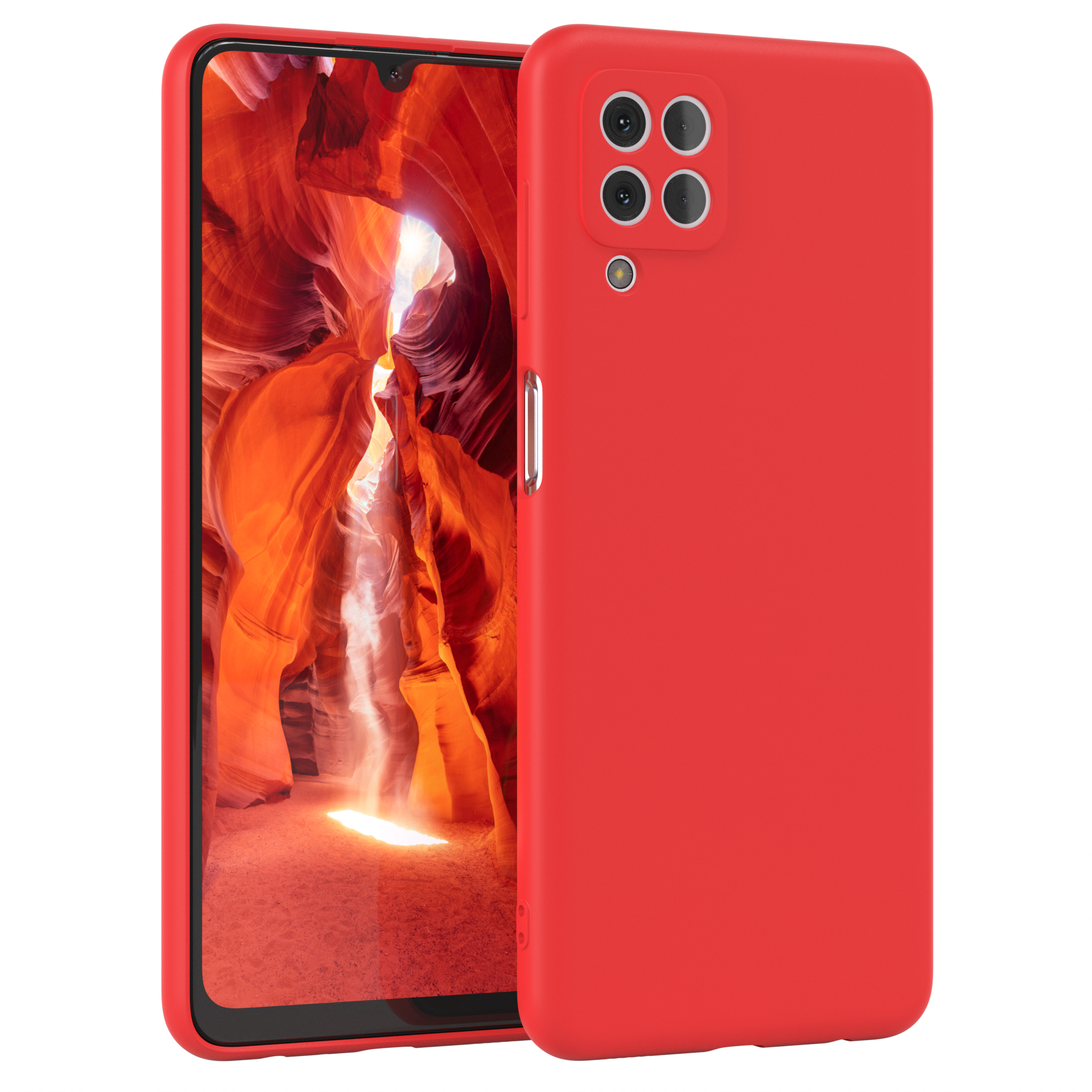 Rote Handyhülle mit Telefon, das einen roten Felsencanyon zeigt. Vier Kameras.