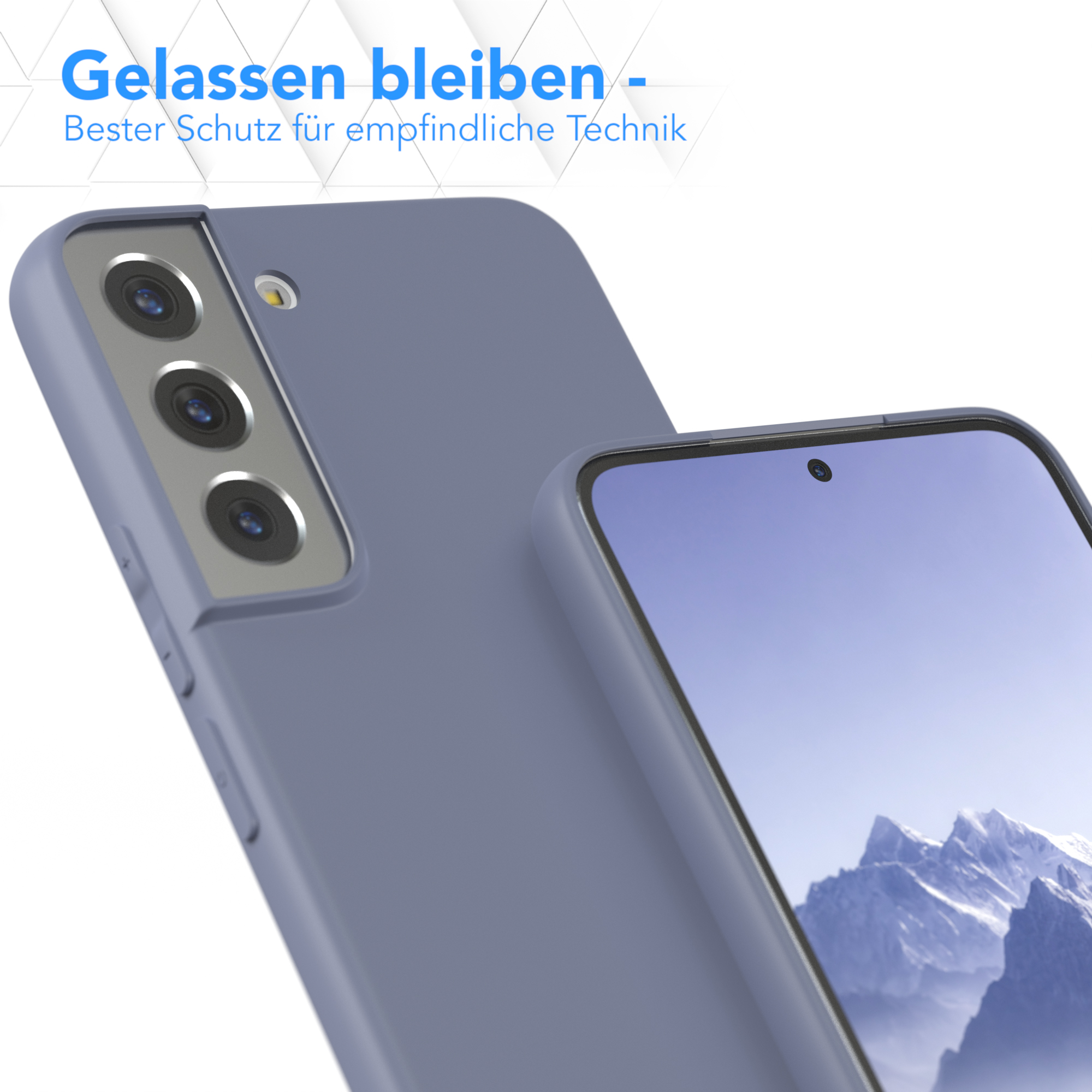 Eine blaue Handyhülle mit einem Telefon darin, auf einer weißen Oberfläche.