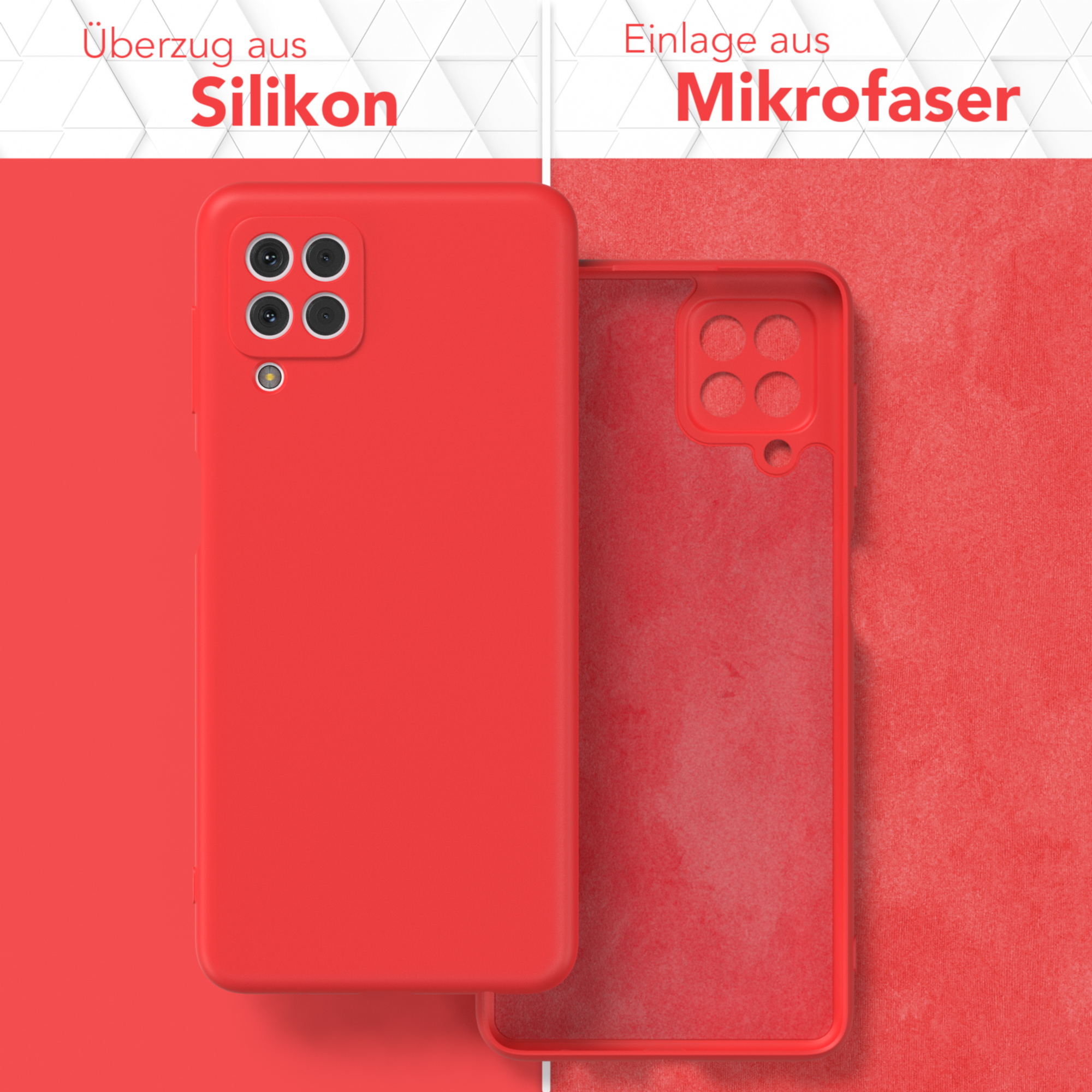 Zwei Handyhüllen. Eine rot, die andere transparent. Beide zeigen Innen- und Außenseite.