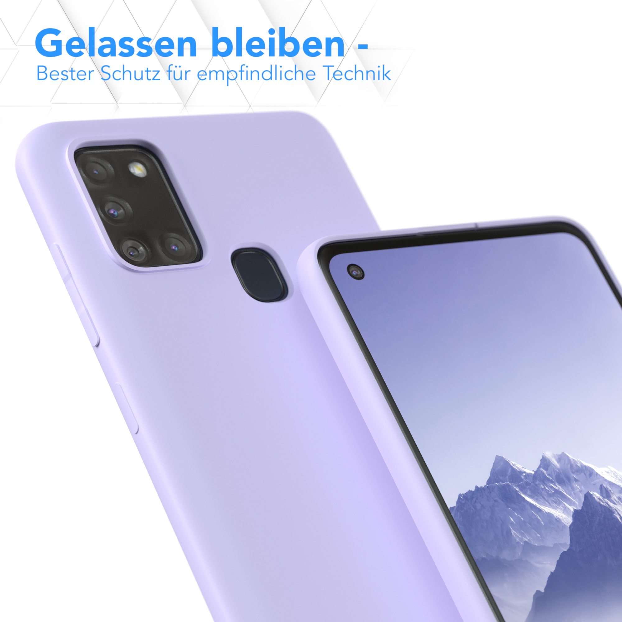 Eine lila Handyhülle mit einem Telefon darin. Das Telefon zeigt eine Bergansicht. Text oben lautet 'Gelassen bleiben'.