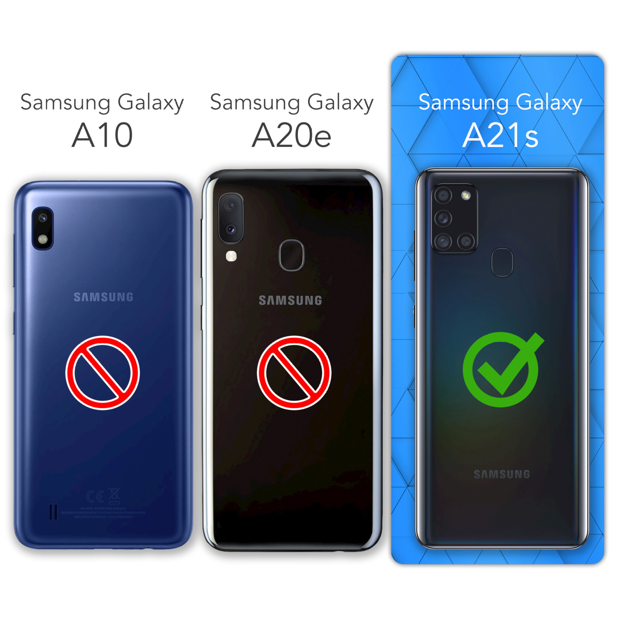 Drei Smartphones, zwei mit roten Kreisen und Kreuzen, eins mit grünem Haken. Blauer Hintergrund.