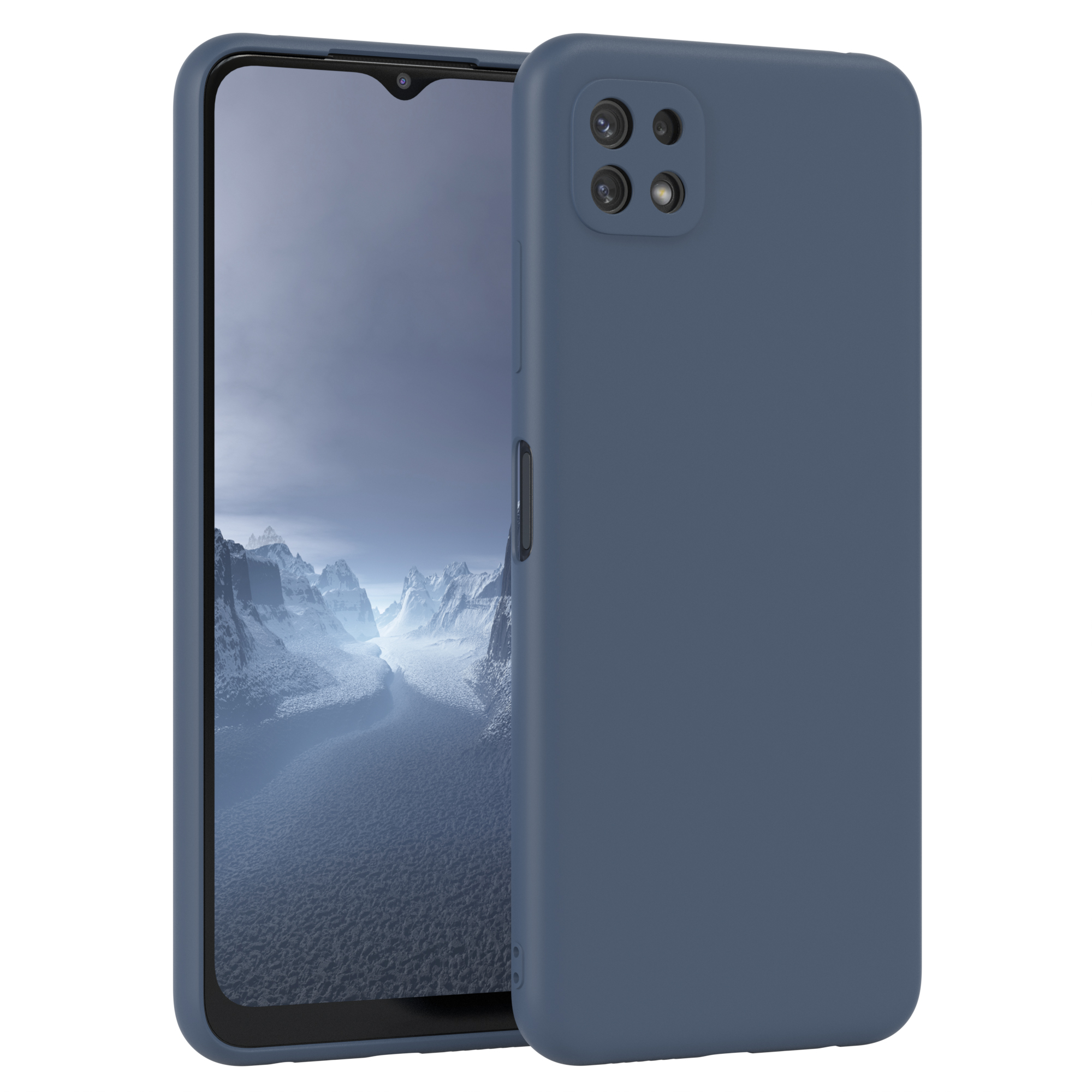 Blaues Telefon mit Hülle. Der Bildschirm ist schwarz. Die Rückseite hat drei Kameras.