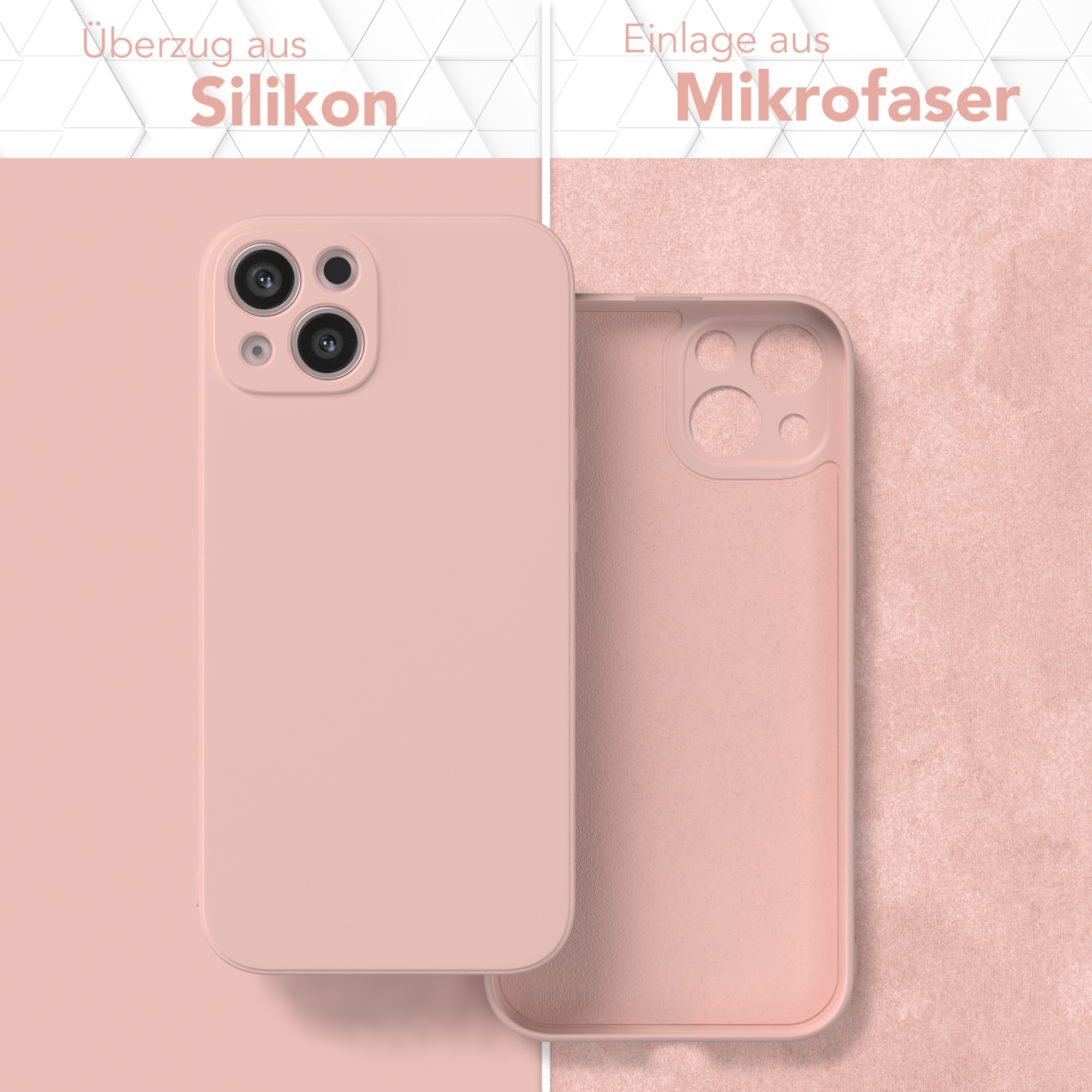 Zwei Handyhüllen, eine rosa, Silikon- und Mikrofasertexturen zeigend.