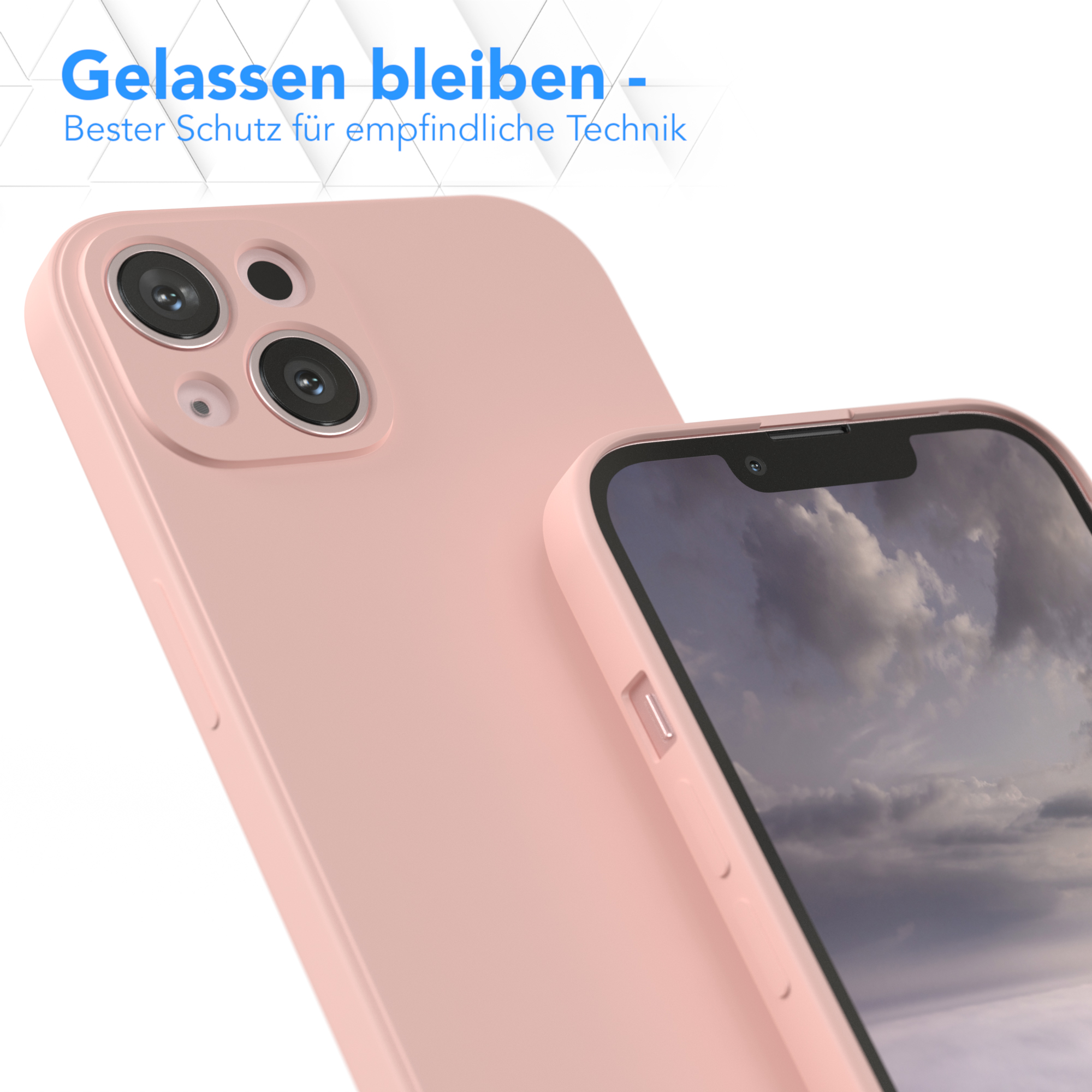 Ein rosa Handy-Case und ein Telefon mit Bildschirm. Text sagt "Bester Schutz für empfindliche Technik".