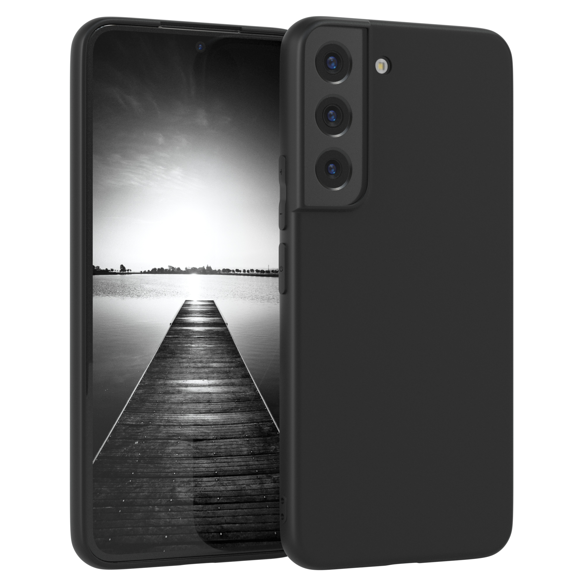 Schwarzes Telefon mit schwarzer Hülle. Bildschirm zeigt Steg in s/w.