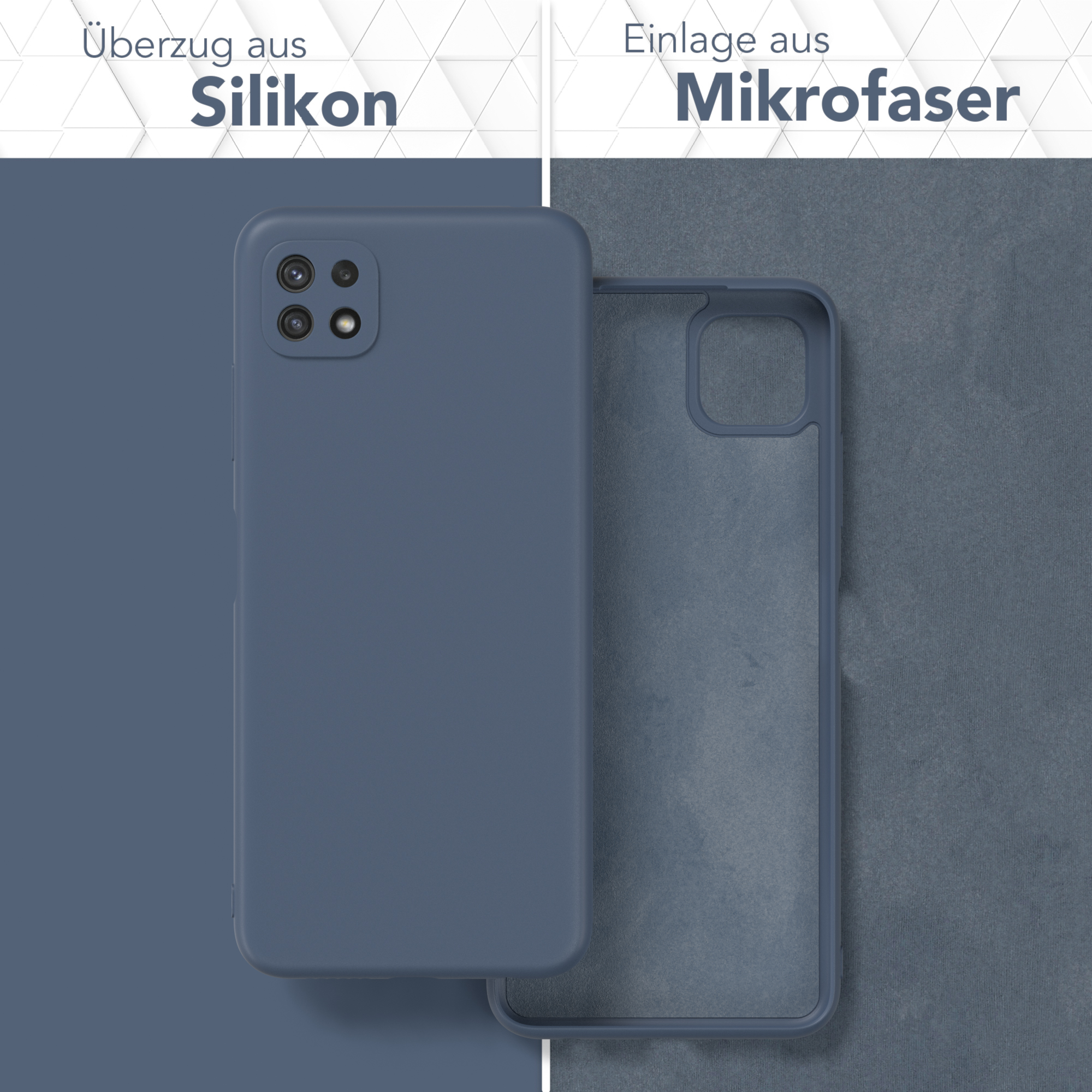 Blaue Telefonhülle, Silikonhülle und Mikrofaser-Einsatz, mit deutschem Text: "Silikon" und "Mikrofaser."