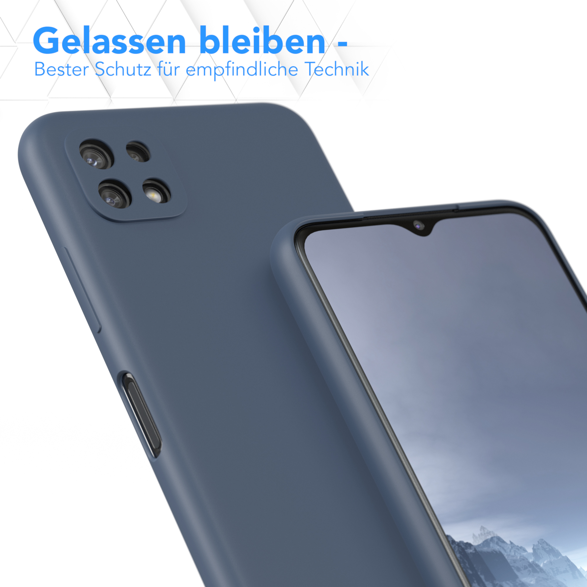 Nahaufnahme einer blauen Handyhülle. Eine weitere Handyhülle im Hintergrund sichtbar.