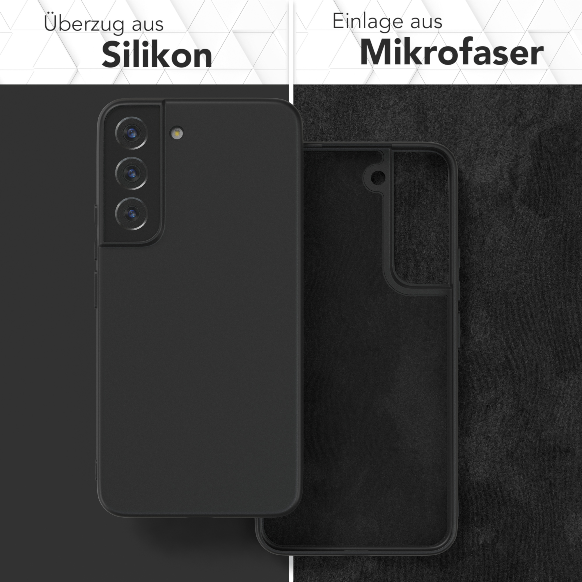 Schwarze Handyhülle und Mikrofaser-Innenseite. Die Hülle ist links, die Innenseite rechts. Text auf Deutsch.