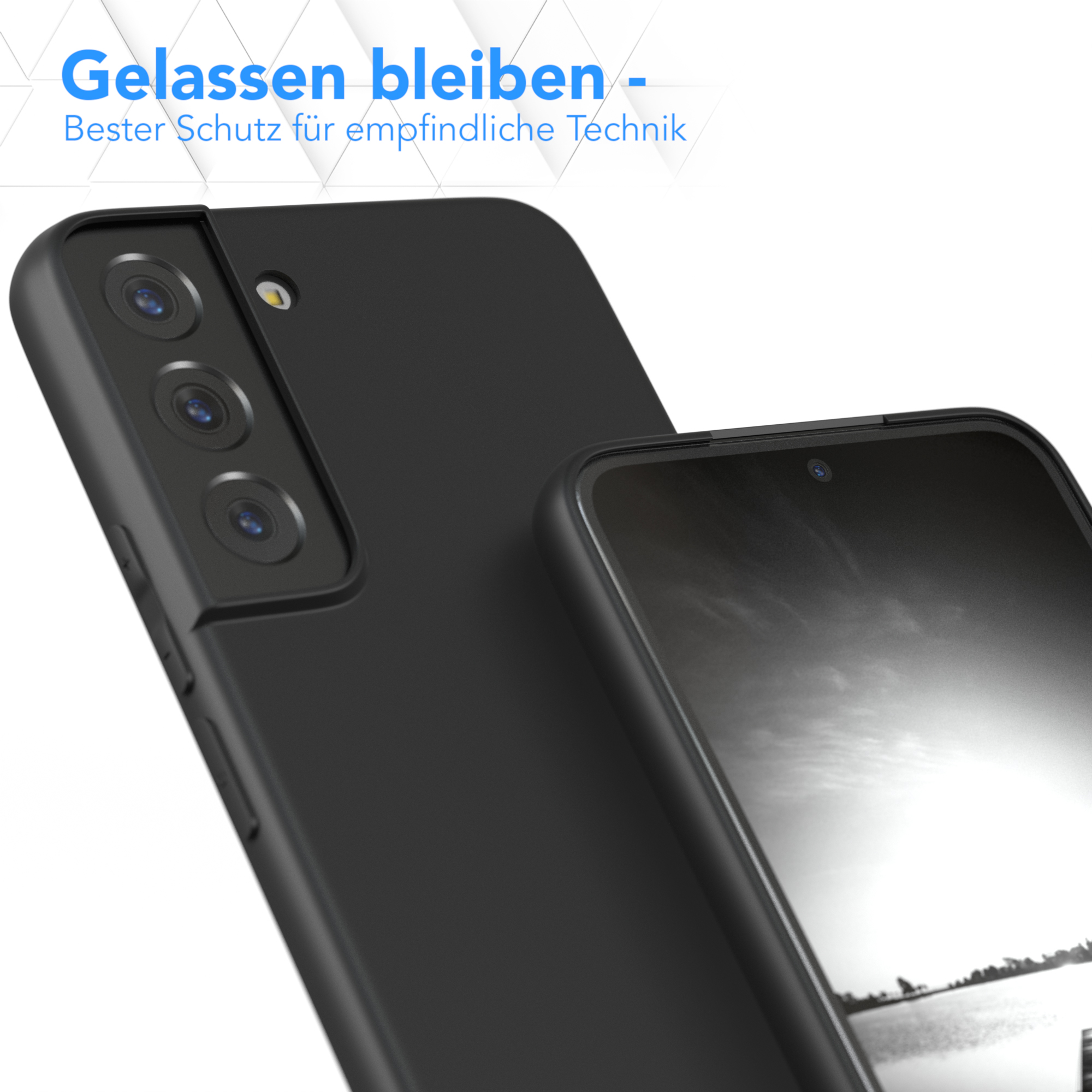 Eine schwarze Handyhülle und ein Telefon werden gezeigt, mit einer Landschaft auf dem Bildschirm.