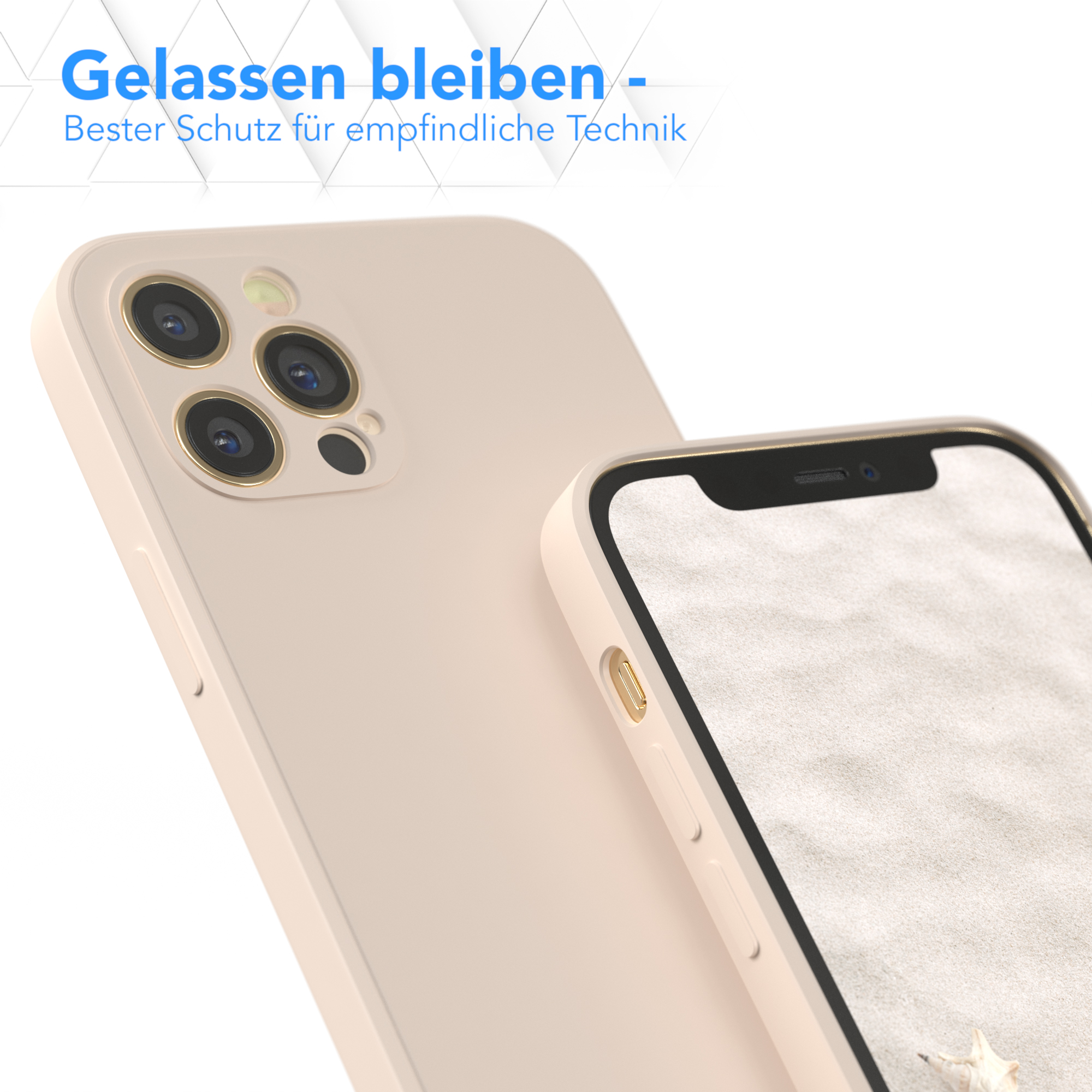 Zwei beige Handyhüllen, eine mit Telefon. Der Bildschirm zeigt eine Strandszene.