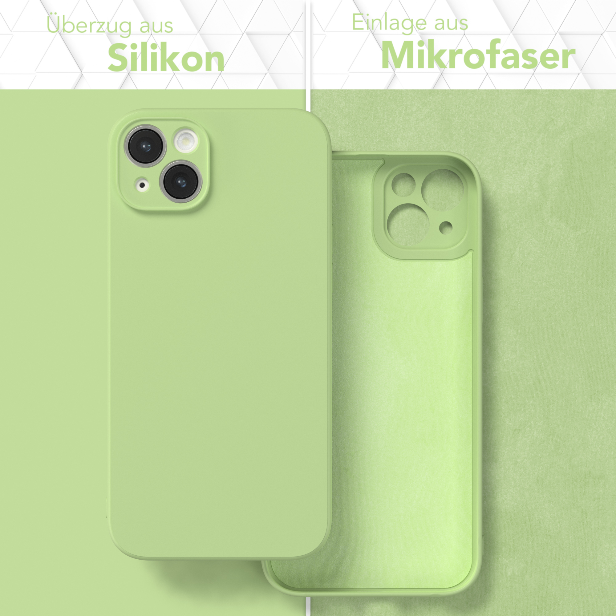 Grüne Handyhülle und ihr Inneres. Der Text weist darauf hin, dass sie aus Silikon und Mikrofaser besteht.