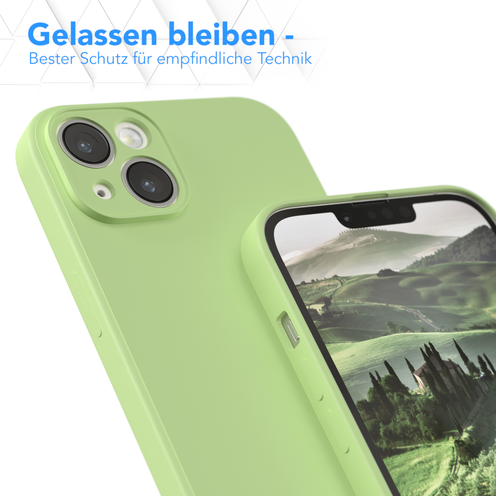 Nahaufnahme einer grünen Handyhülle mit sichtbarem Telefon. Der Hintergrund zeigt ein verschwommenes Gebäude.
