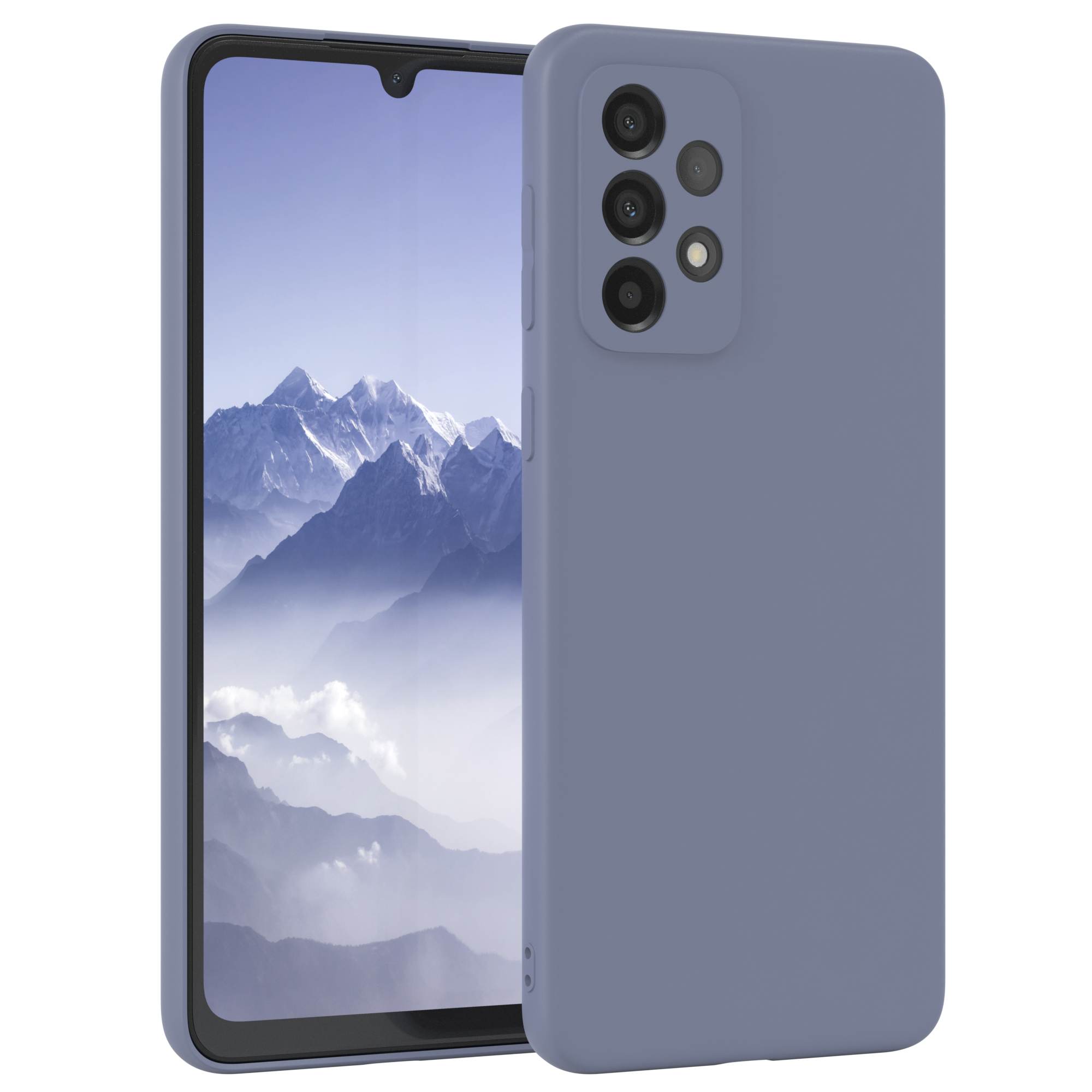 Blaues Telefon in passender Hülle. Dreifach-Kameralinsen. Weißer Hintergrund.