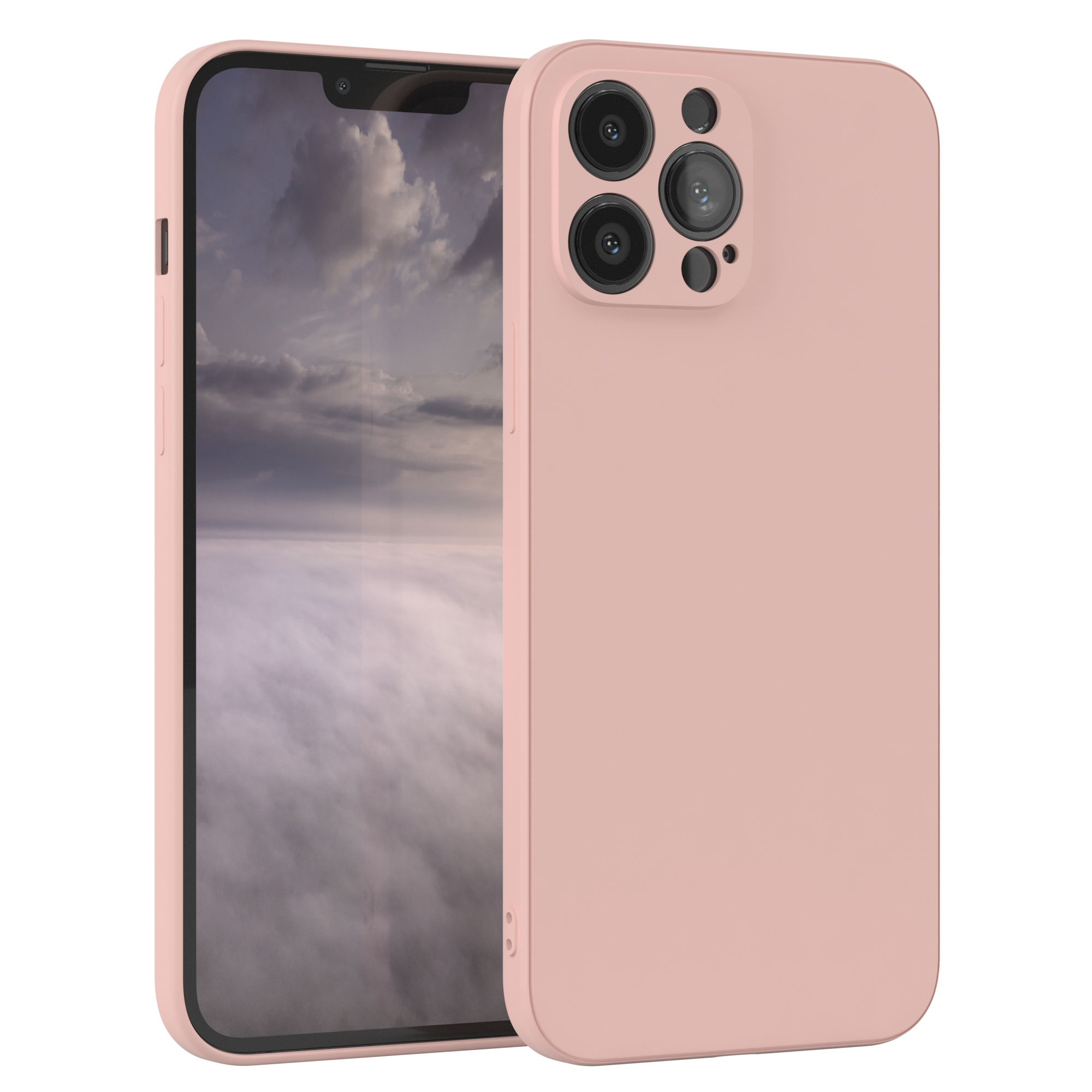 Rosa Handyhülle mit Telefon. Der Bildschirm zeigt eine bewölkte Landschaft.