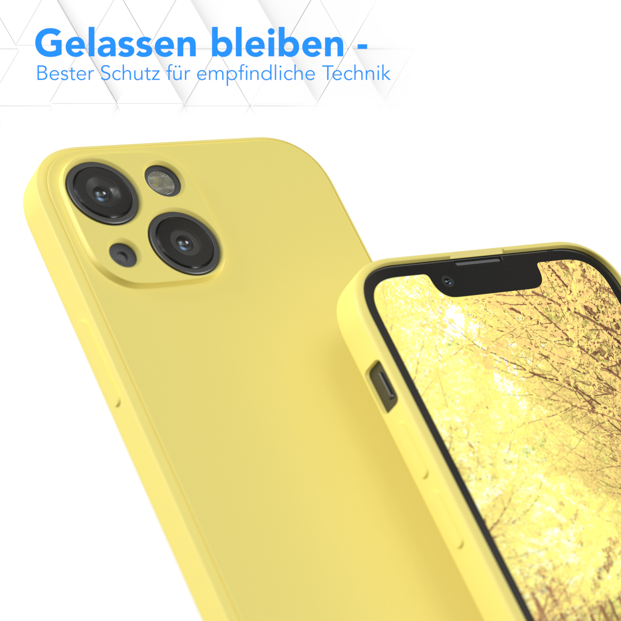 Eine gelbe Handyhülle neben einem Telefon auf weißem Hintergrund.