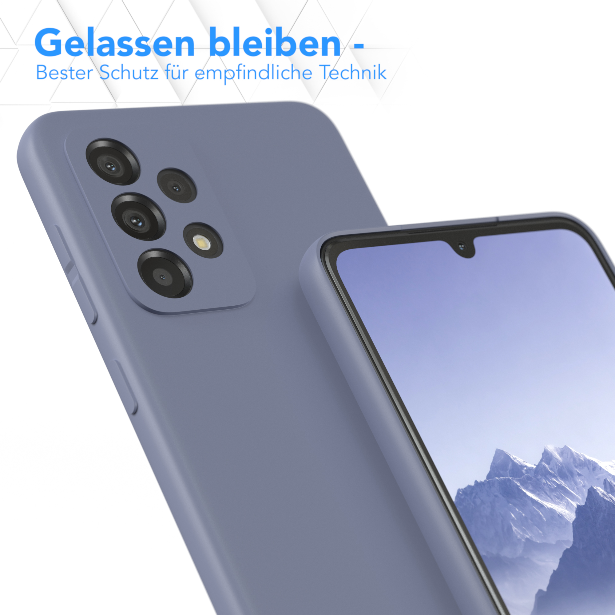 Blaue Handyhülle mit Kamera. Die Handyhülle liegt auf einer weiteren blauen Hülle. Text: Entspannt bleiben, bester Schutz.
