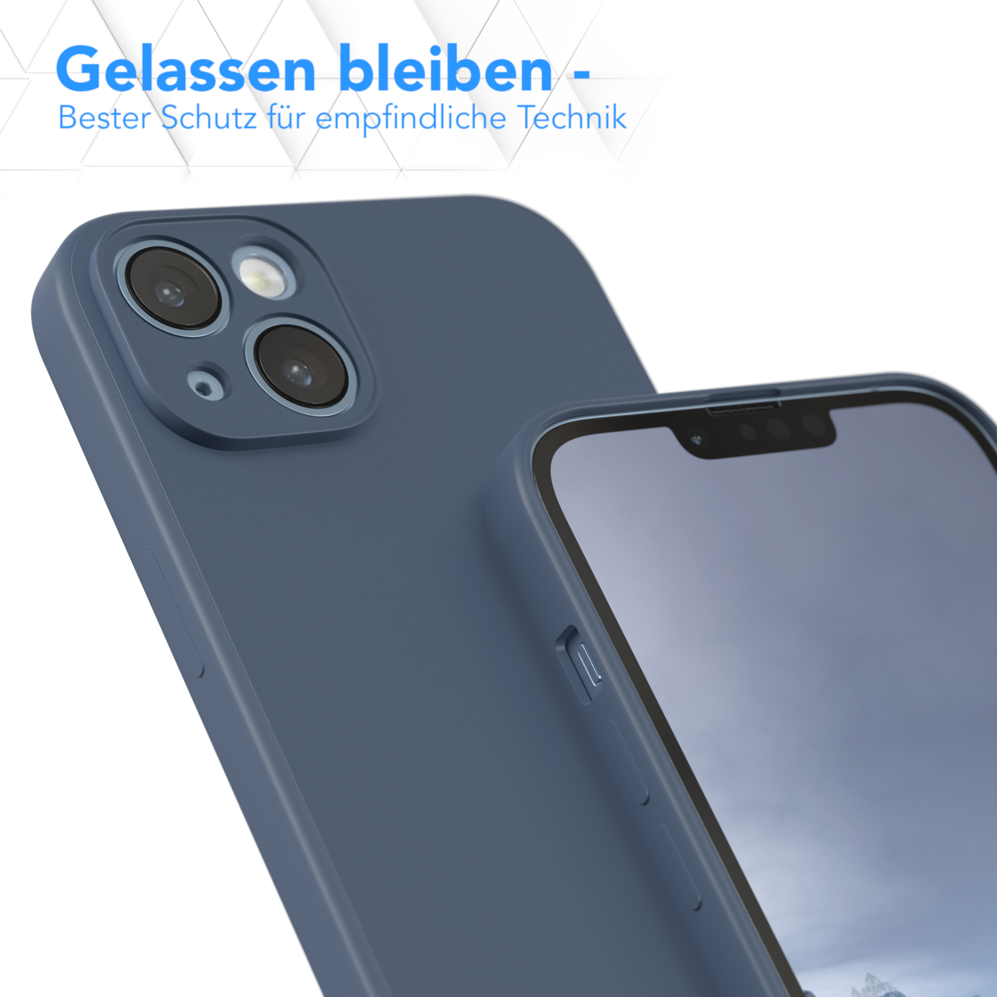 Nahaufnahme einer blauen Handyhülle mit Telefon, Rückseite, mit eingeschaltetem Bildschirm.