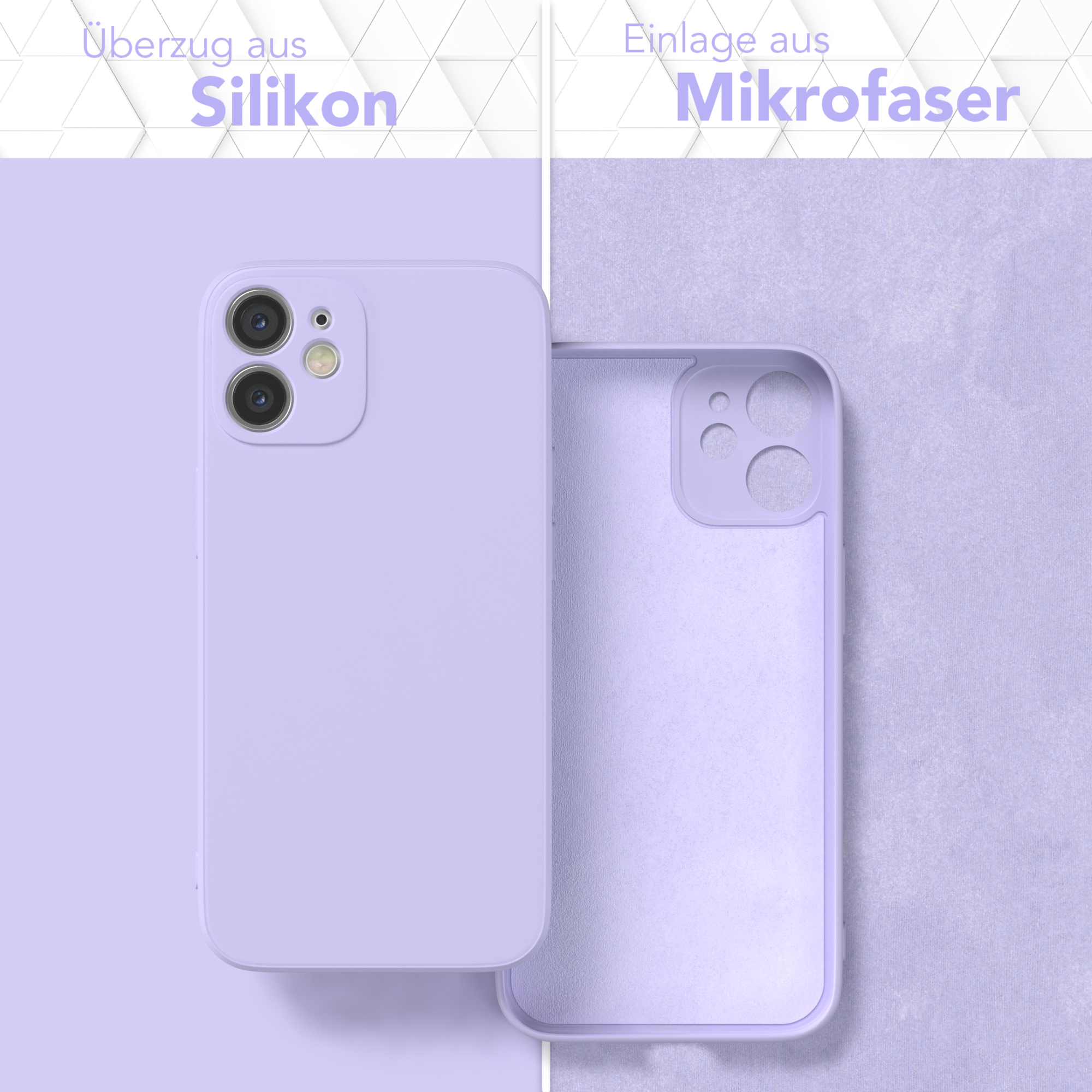 Zwei lilafarbene Handyhüllen, eine geschlossen, eine offen. Text: Silikonhülle, Mikrofaser-Einlage.