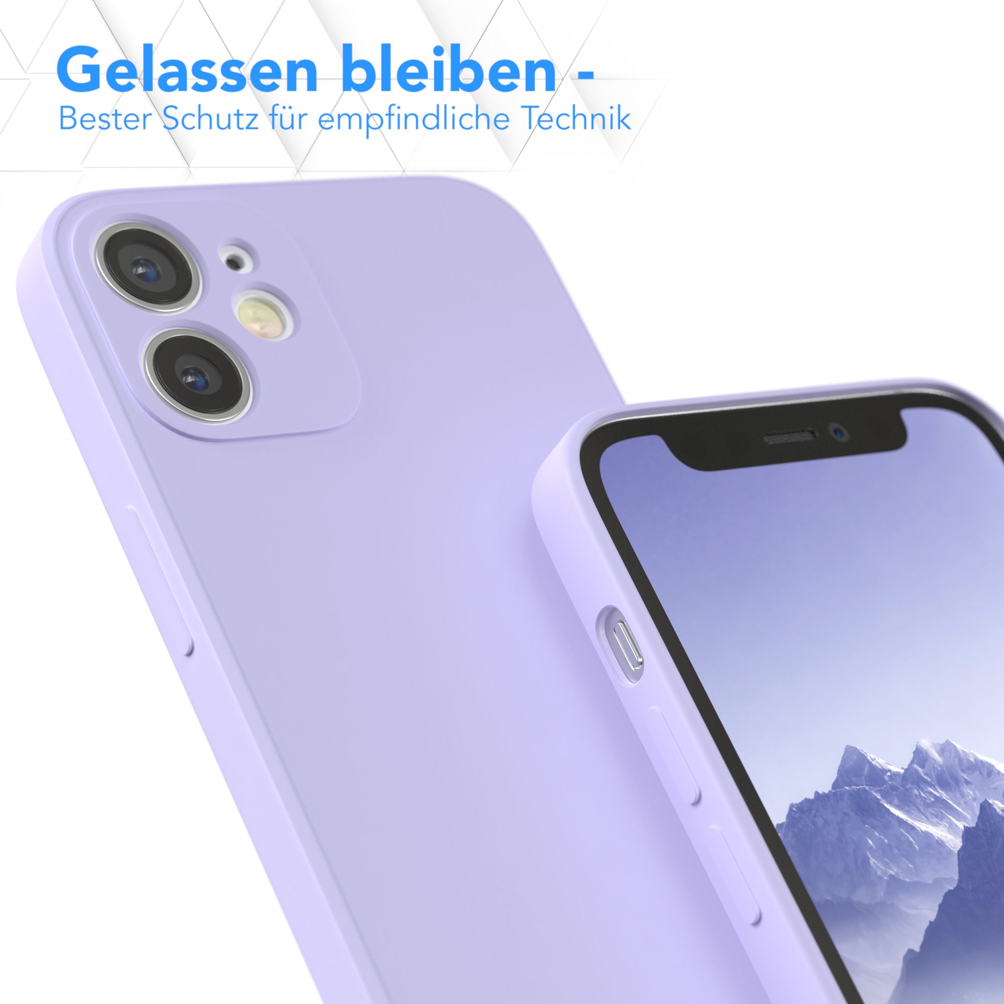 Zwei lila Handyhüllen; eine vorne, eine hinten. Die vordere zeigt einen Telefonbildschirm.
