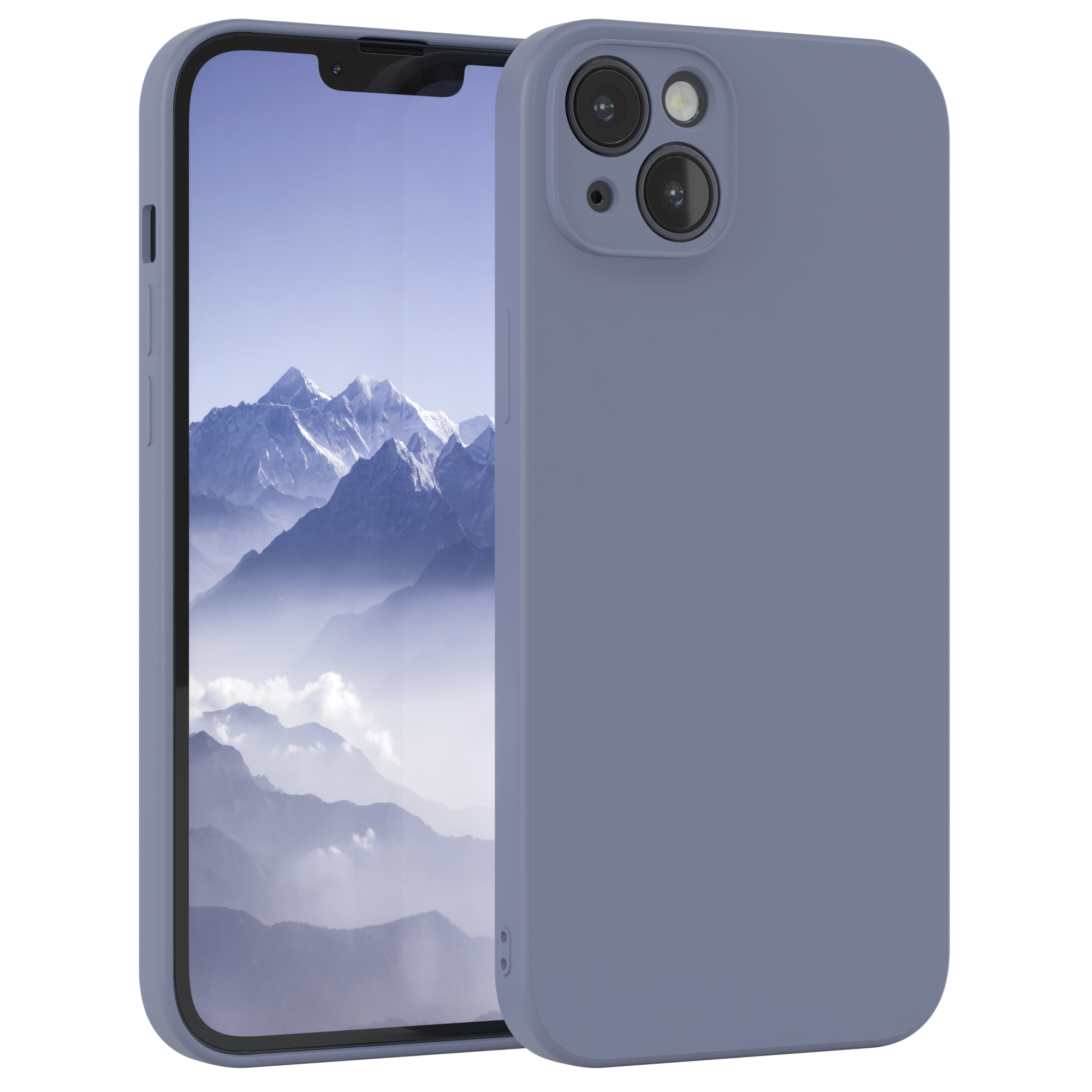 Blaues Telefon in einer blauen Hülle, zeigt Landschaft. Der Hintergrund ist weiß.