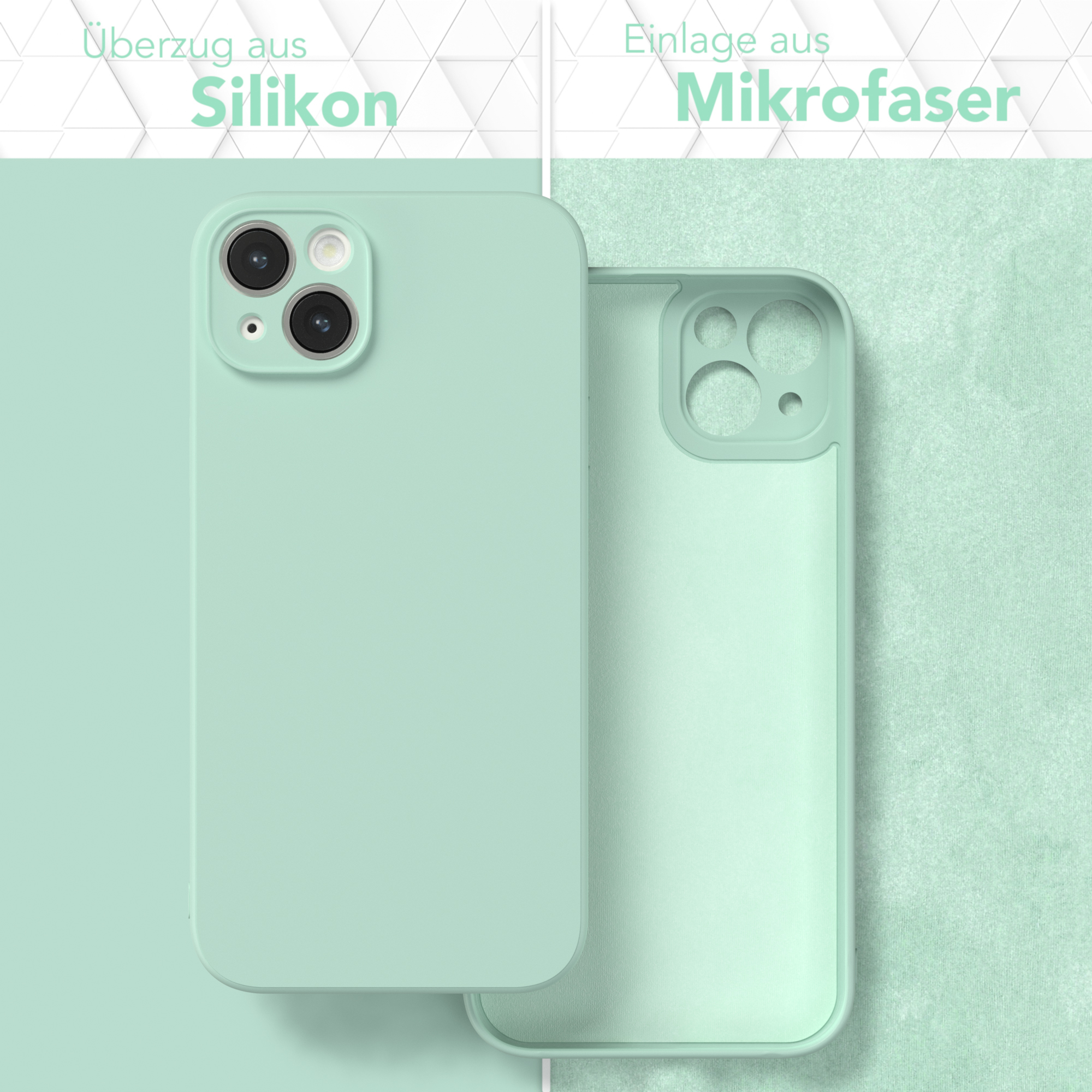 Mintfarbene Handyhülle und ihre Innenseite. Text: Überzug aus Silikon, Einlage aus Mikrofaser.