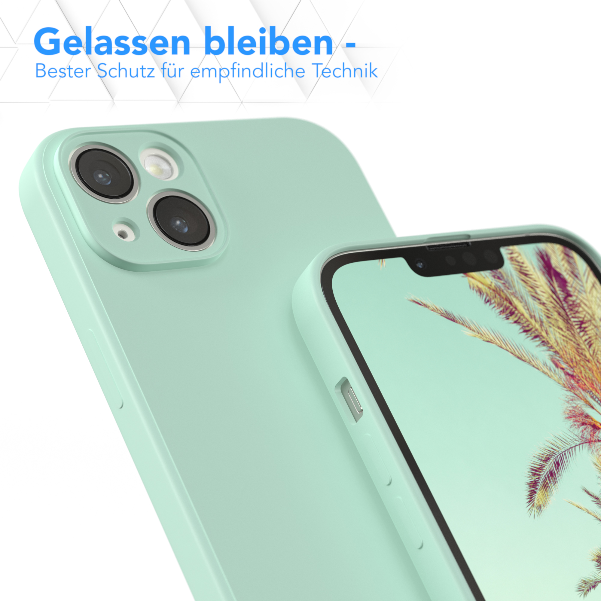 Eine mintgrüne Handyhülle und ein Telefon, schräg, Nahaufnahme.