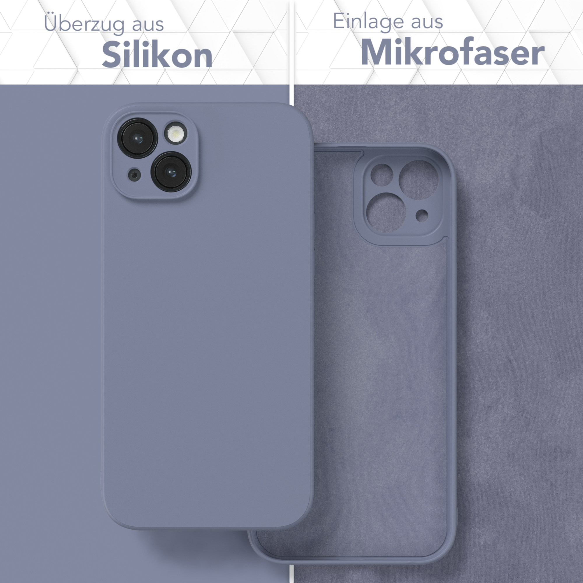 Handyhülle, links blaues Silikon, rechts blaues Mikrofaser. Text sagt Silikon und Mikrofaser.