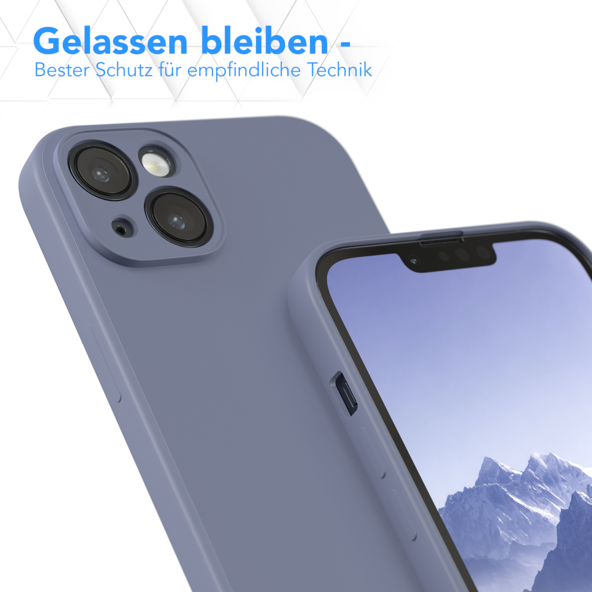 Lila Handyhülle neben Telefon. Text: 'Entspannt bleiben - Bester Schutz für empfindliche Technik'.