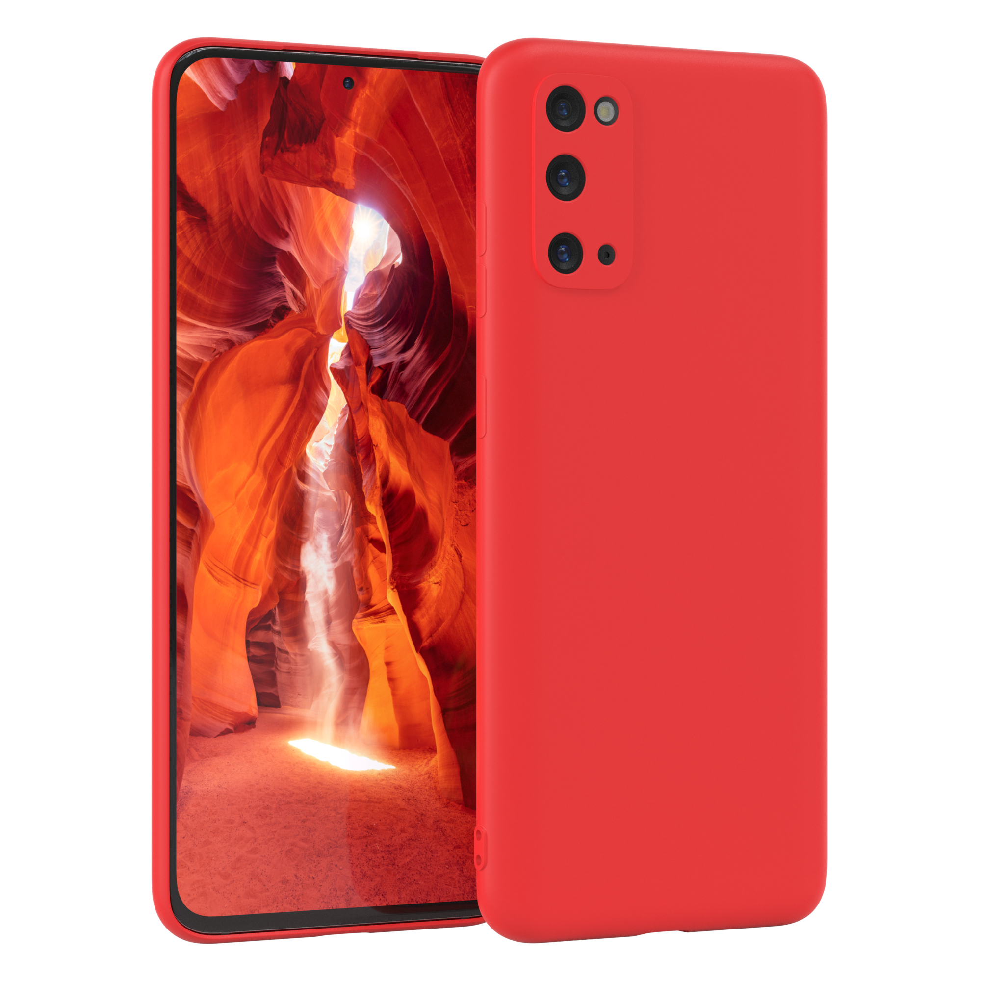Rote Handyhülle und Telefon mit roter Canyon-Szene.
