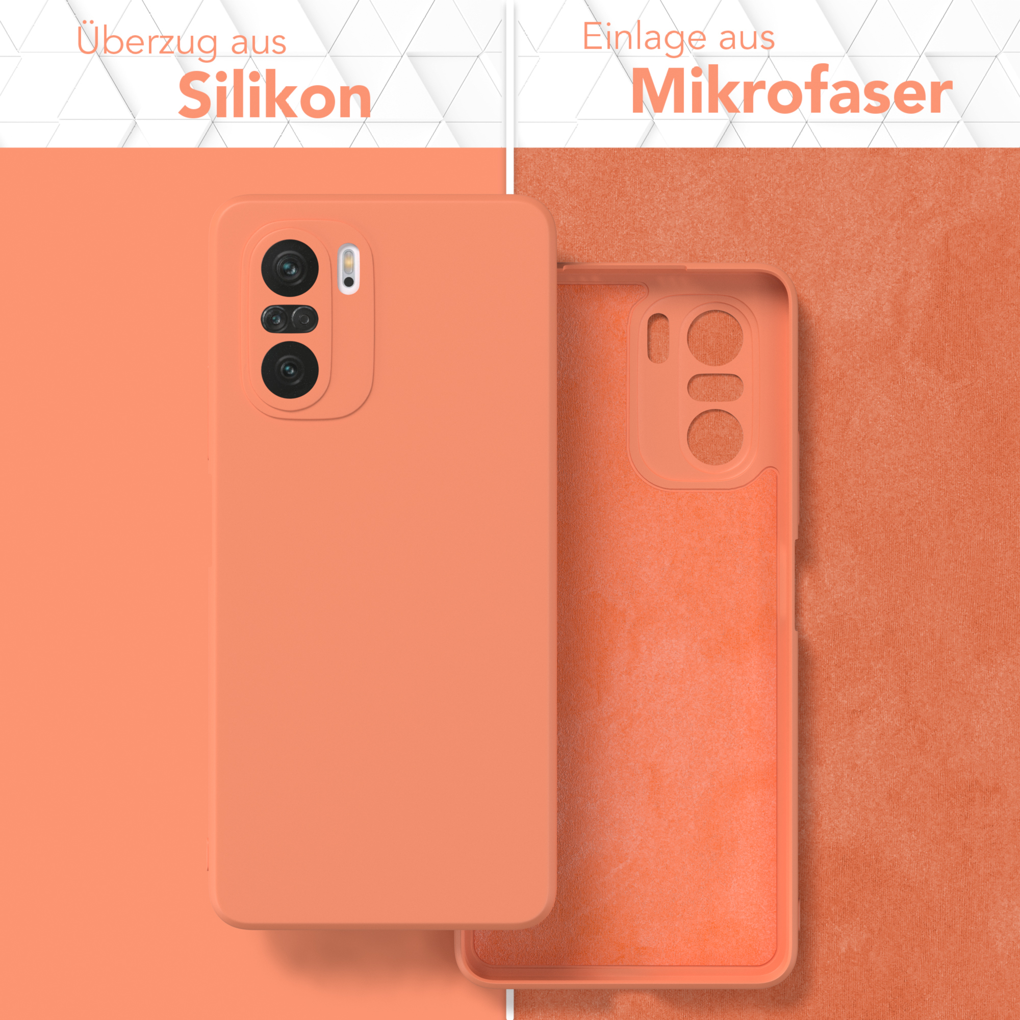 Orange Handyhüllen-Teile. Abdeckung und Innenfutter. Text auf Deutsch.