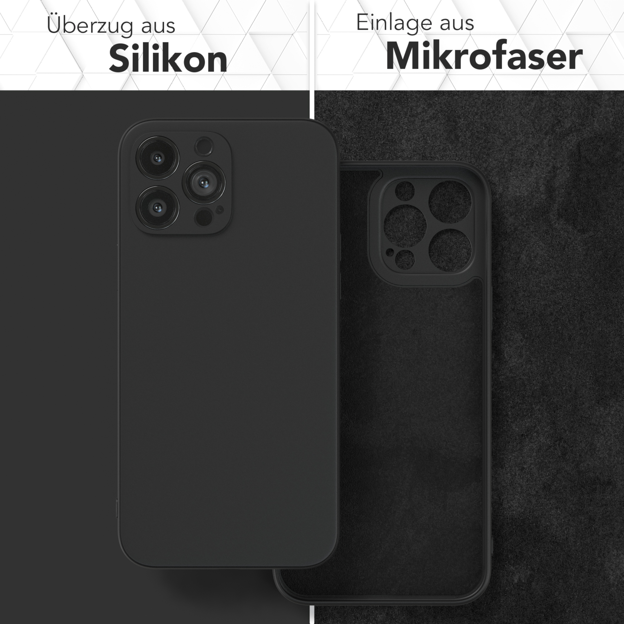 Schwarze Handyhülle. Silikon außen, Mikrofaser innen. Text: 'Überzug aus Silikon' und 'Einlage aus Mikrofaser'.