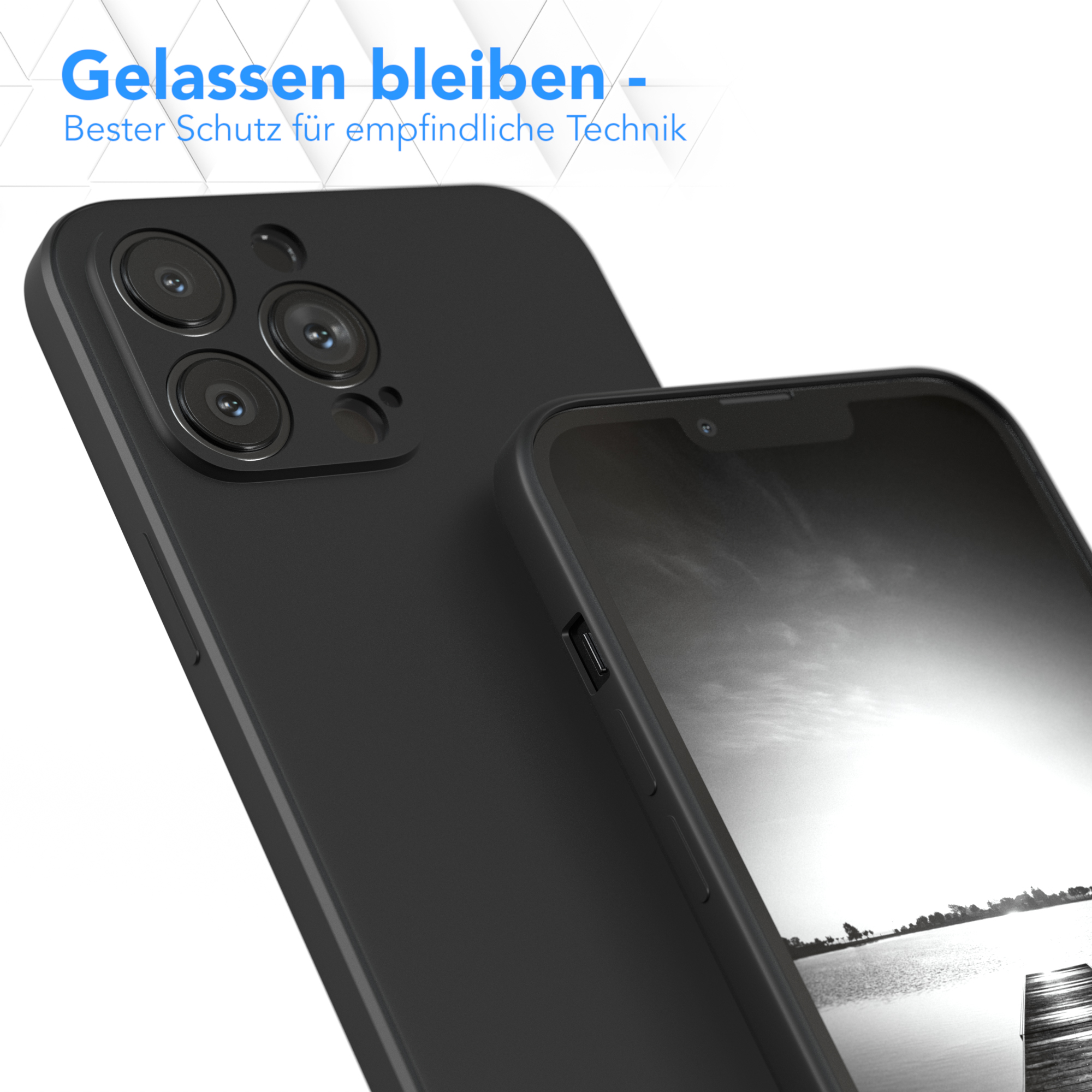 Eine schwarze Handyhülle und ein Telefon werden gezeigt, mit einer Landschaft auf dem Bildschirm.